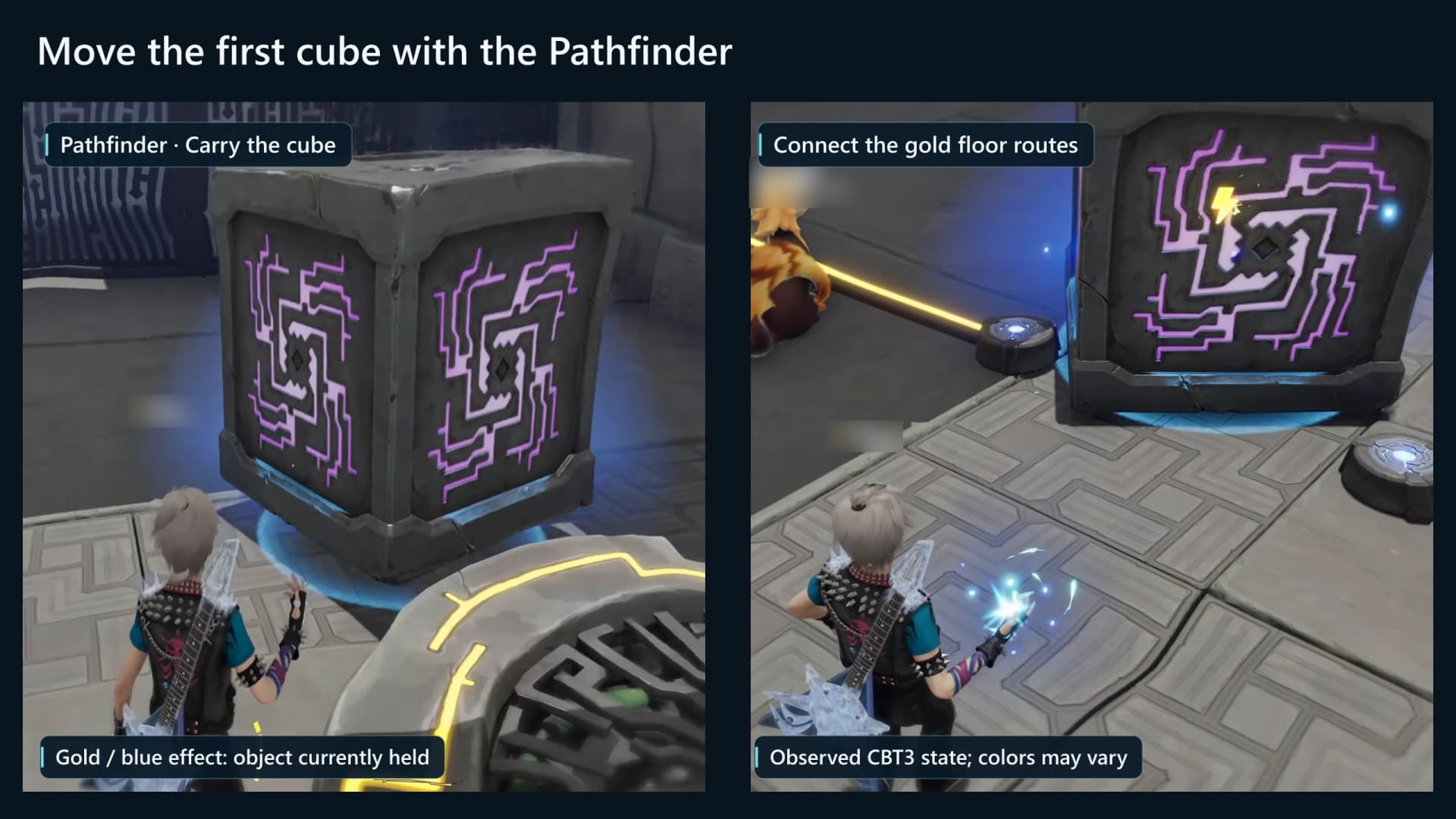 Pathfinder holding the first metal crate with Grab or Manipulate from Gravity Pull beside the accepted state with connected floor routes gold, with identifiers masked