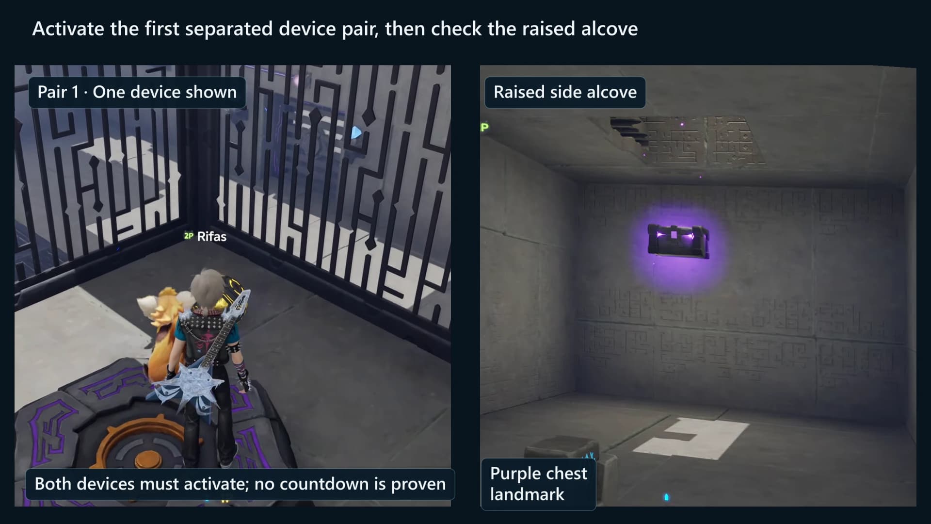 First separated electric-device interaction beside the raised side-alcove chest, with player identifiers masked