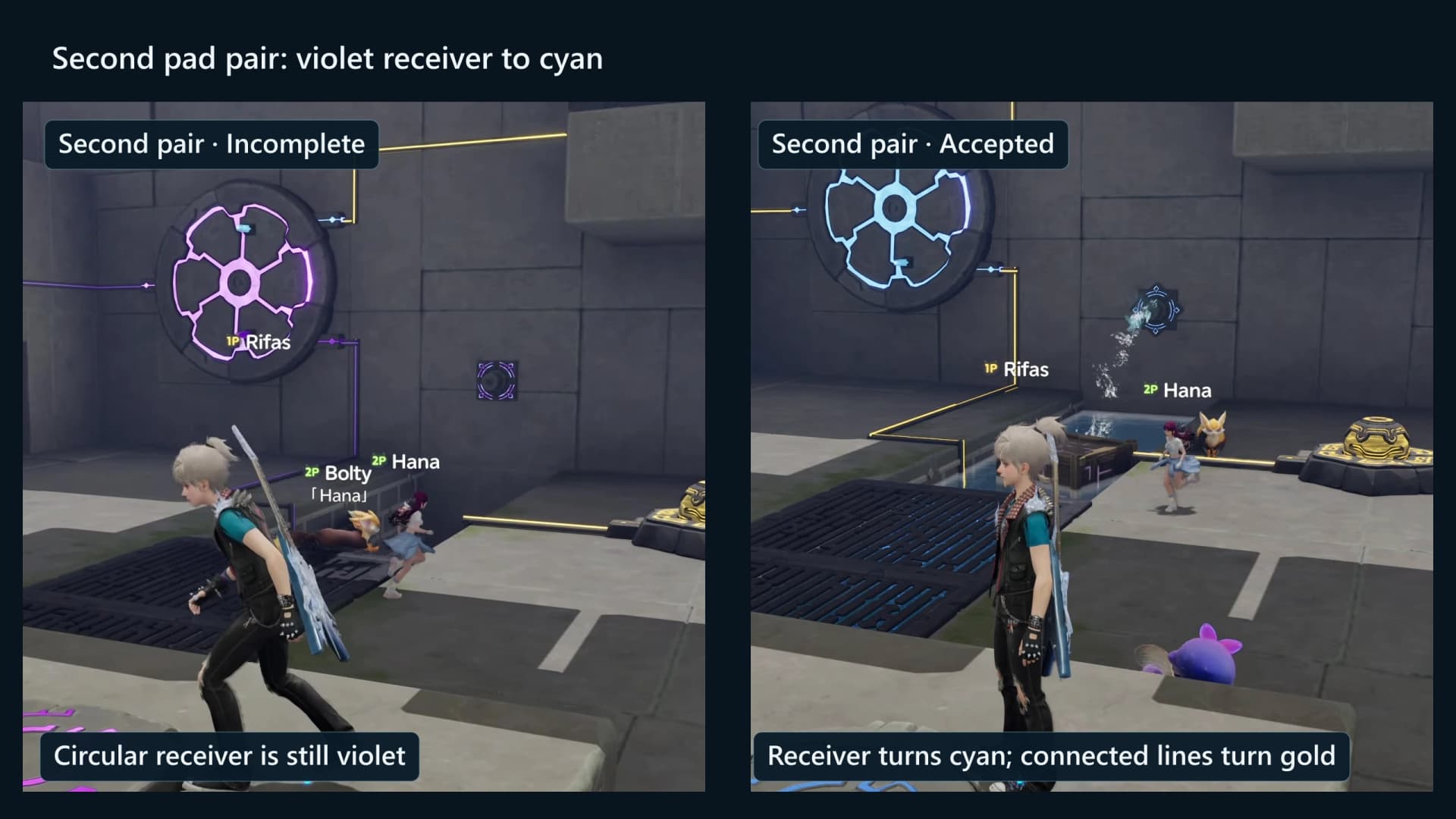Before-and-after frames of the second floor-pad pair changing a large receiver from violet to cyan and connected lines to gold, with names masked