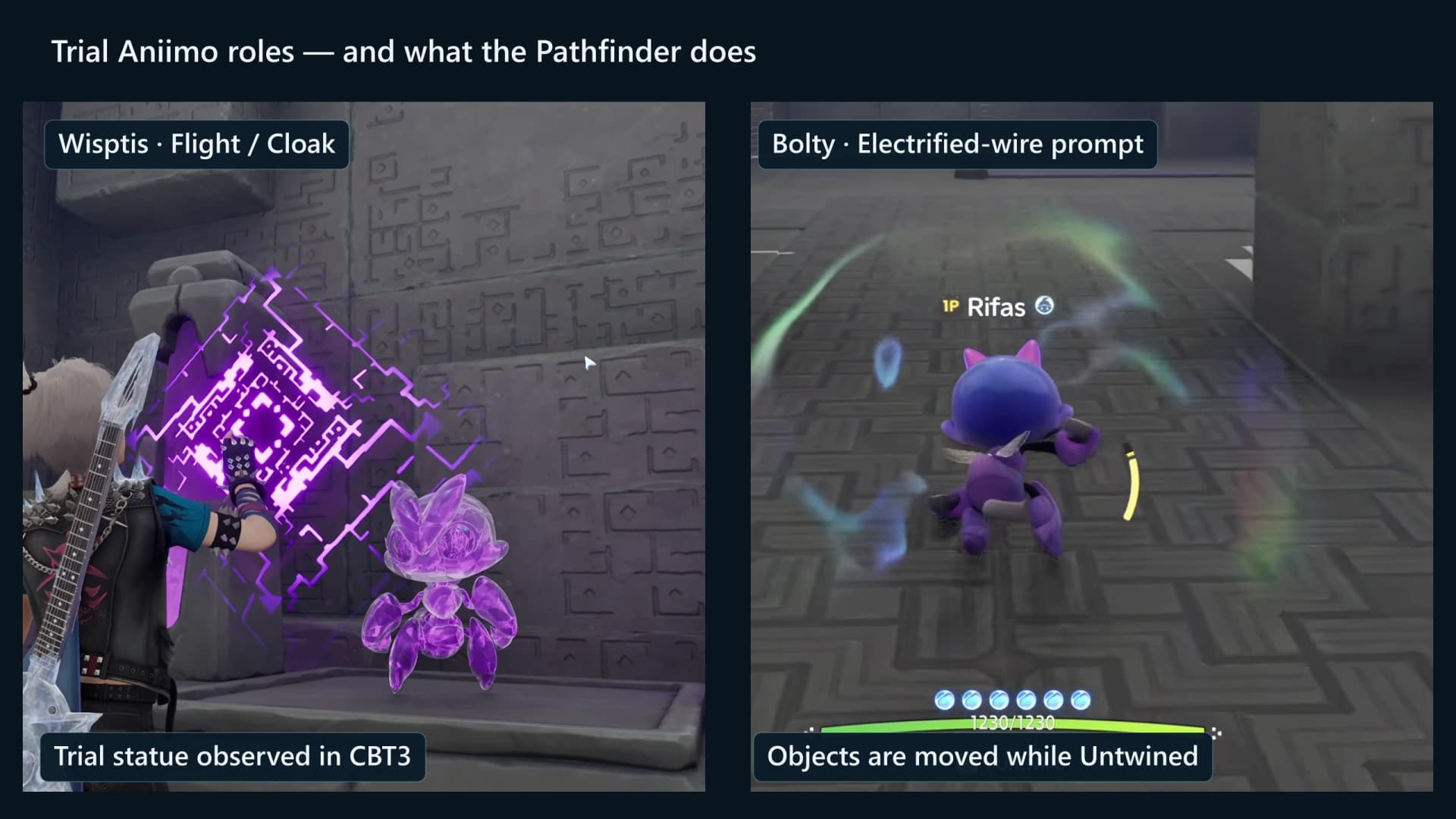 Wisptis trial statue beside a teammate twined with Bolty, with player identifiers masked