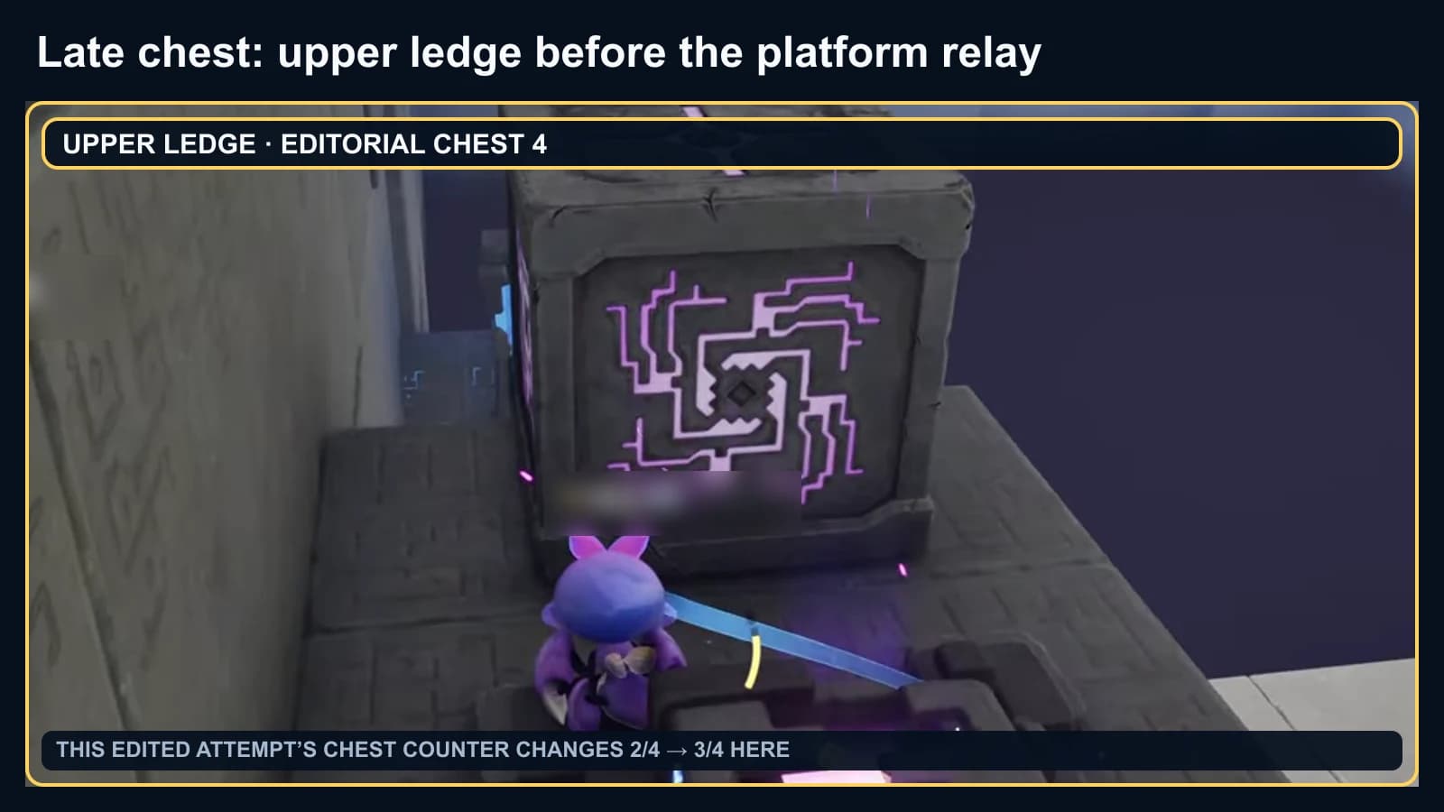 Upper-ledge chest beside the late maze-cube route, with the player name masked