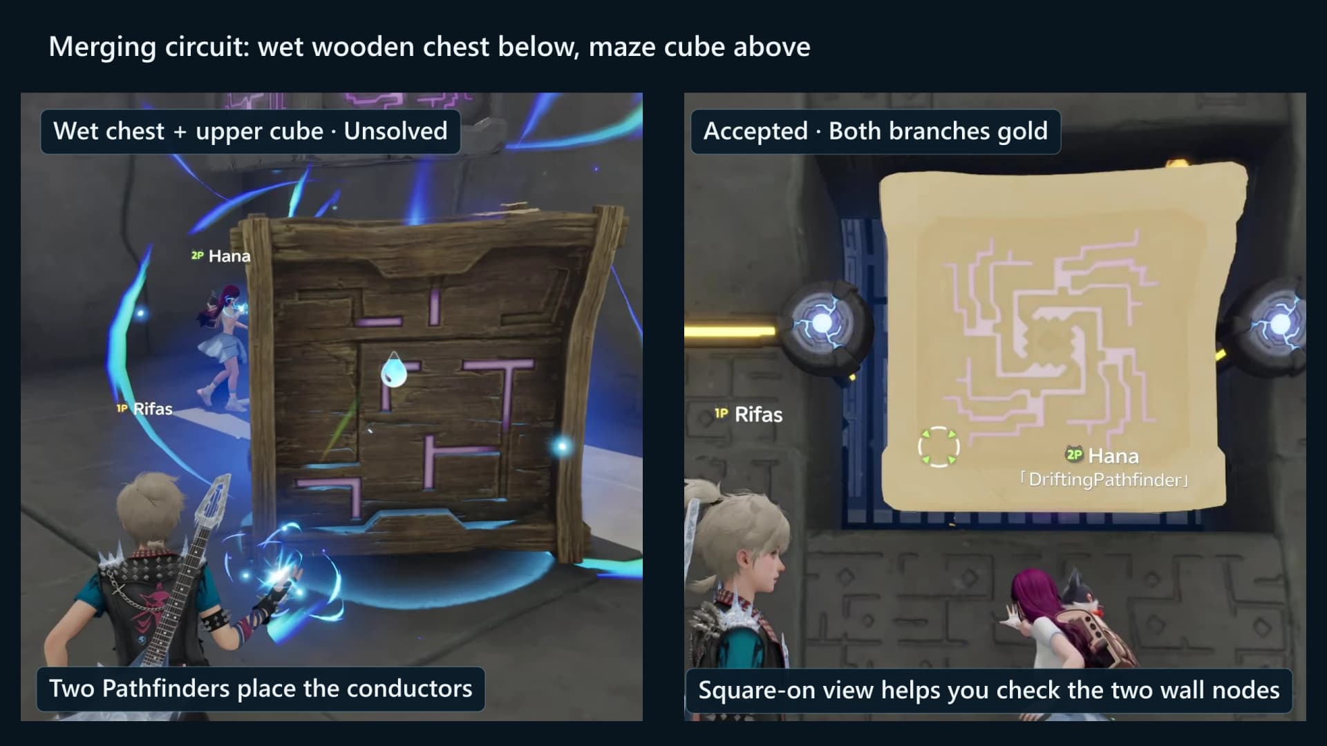 Merging-circuit frames showing the droplet-marked damp wooden crate and the accepted two-node wall state, with names masked