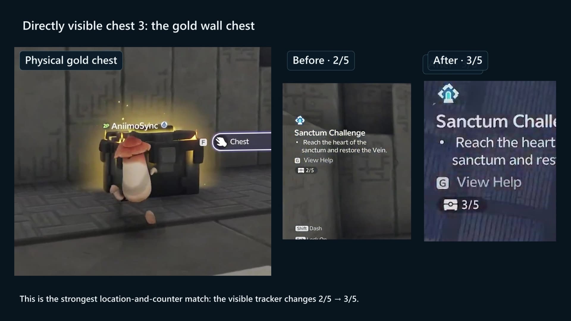 Gold chest against the wall before the paired phase gate, showing the Courageous Wit counter change from two of five to three of five with identifiers masked