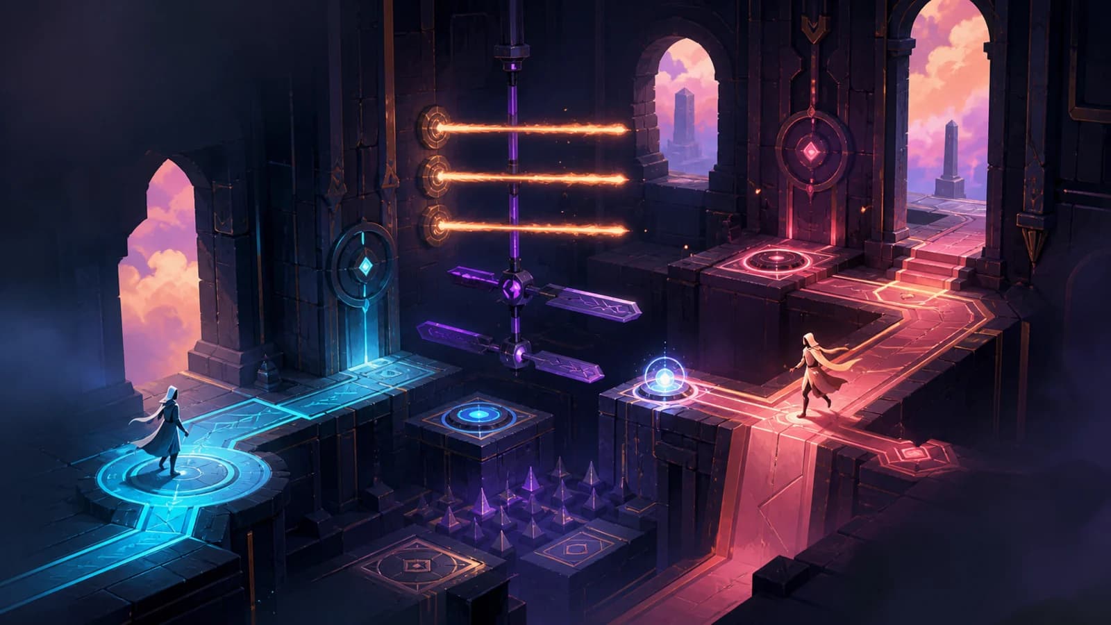 Original illustration of two coordinated cyan and coral paths crossing fire bars, spike sweepers and violet mechanisms inside a stone Sanctum