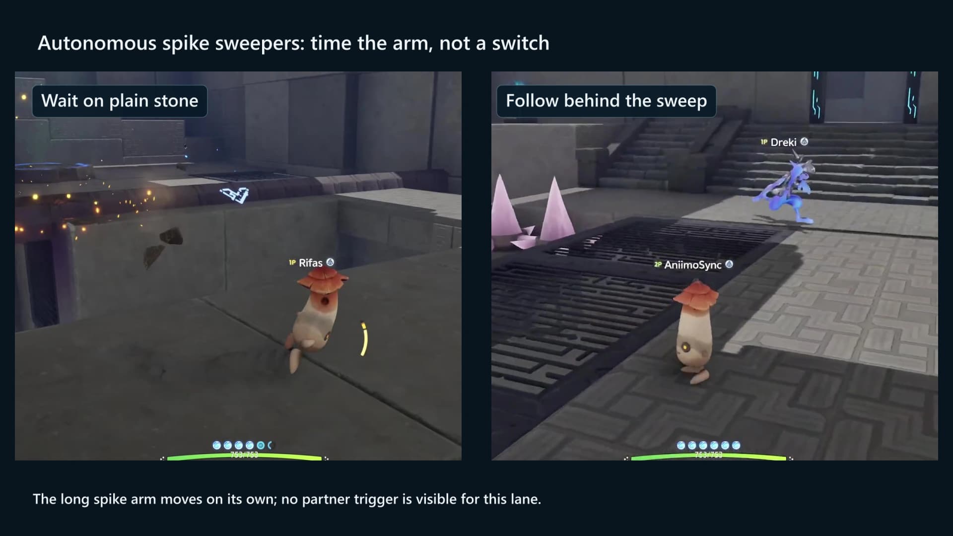 Courageous Wit spike-sweeper lane showing the rotating arm and plain-stone waiting islands, with player identifiers masked