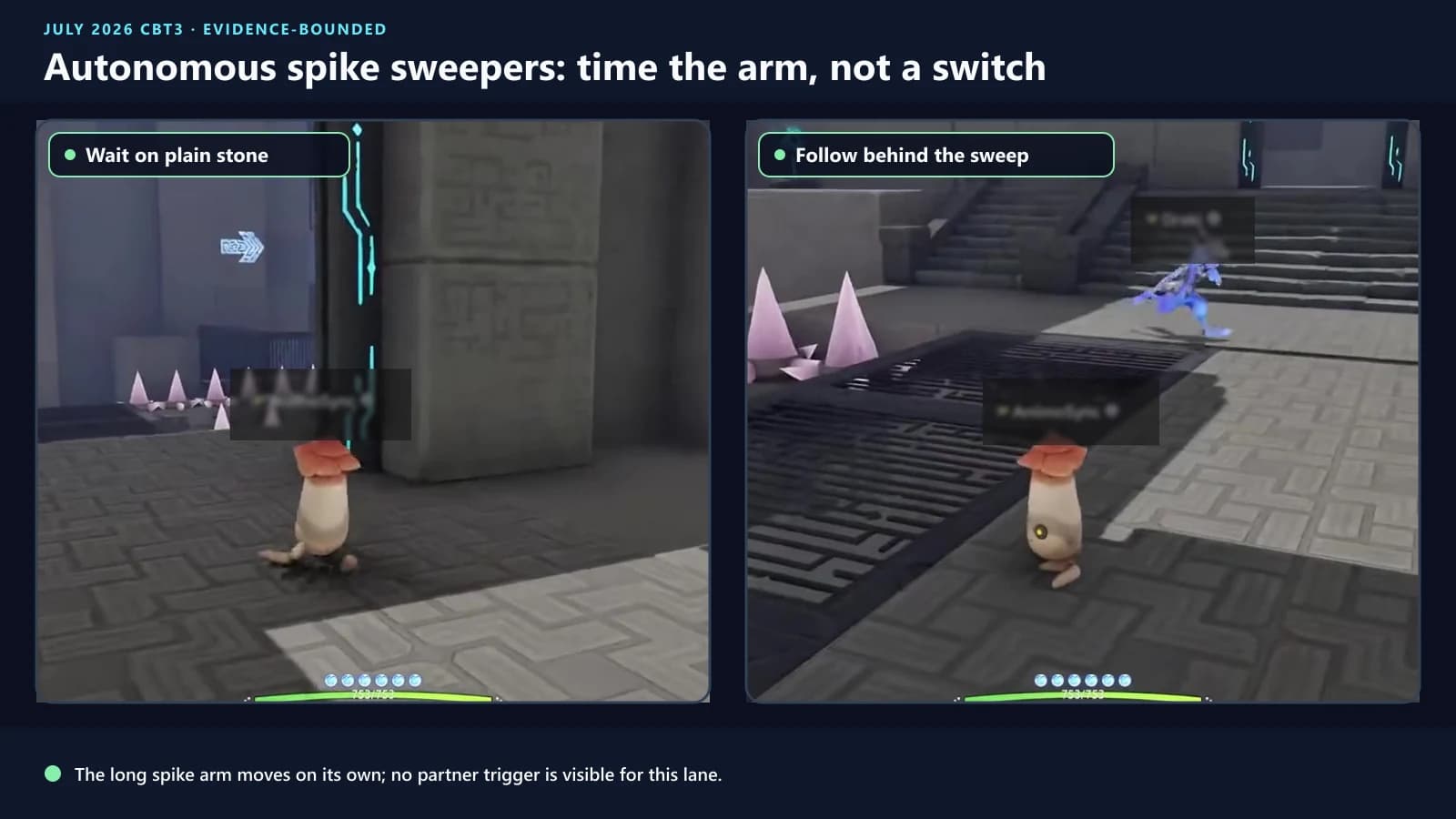 Courageous Wit spike-sweeper lane showing the rotating arm and plain-stone waiting islands, with player identifiers masked