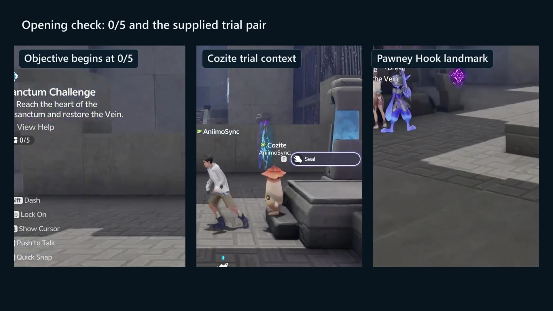 Courageous Wit opening area with the zero-of-five objective and the trial Cozite and Pawney statues, with player identifiers masked