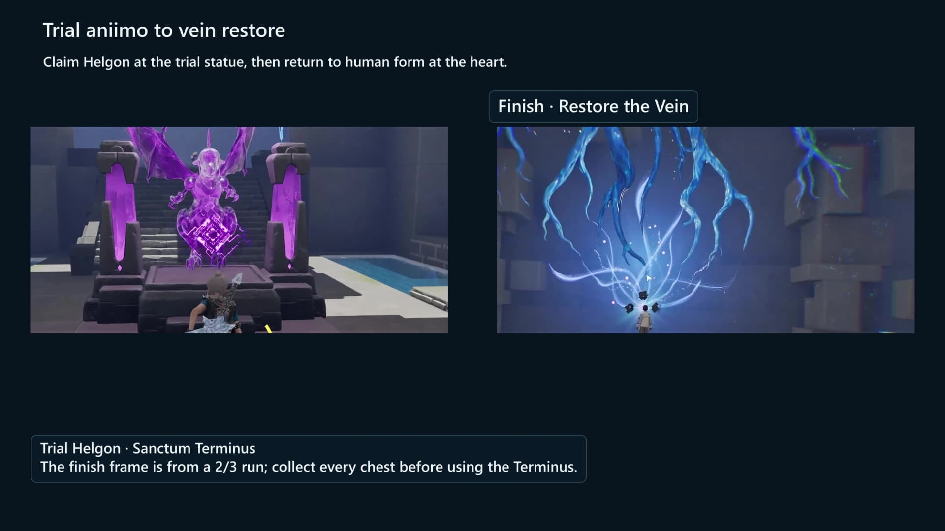 The purple Helgon trial statue near the start beside the Sanctum Terminus restoring the blue Vein at the finish