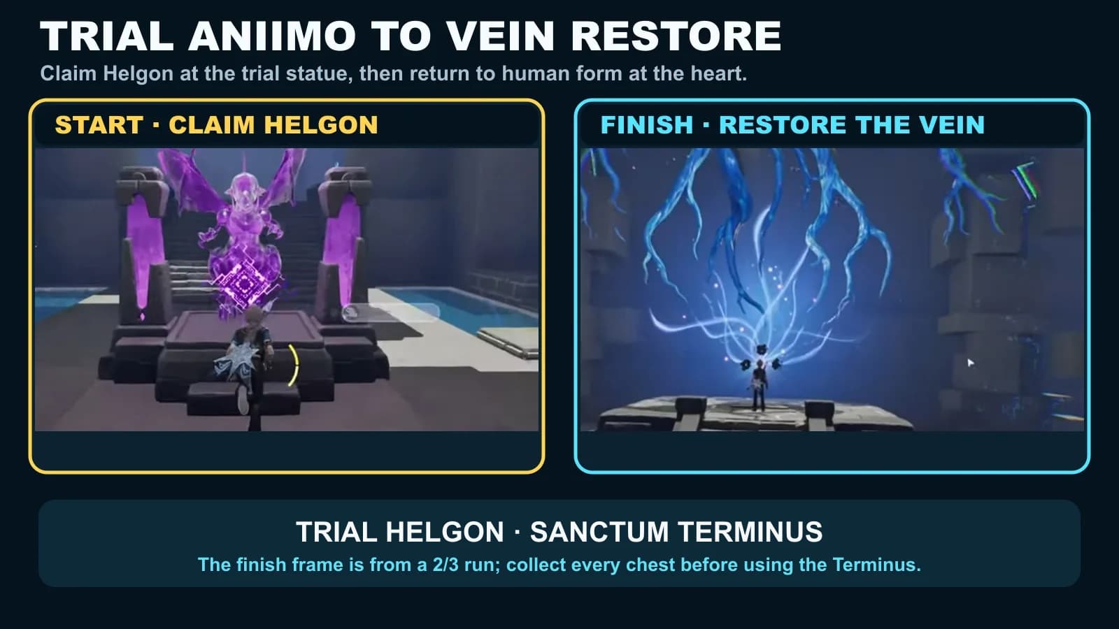 The purple Helgon trial statue near the start beside the Sanctum Terminus restoring the blue Vein at the finish