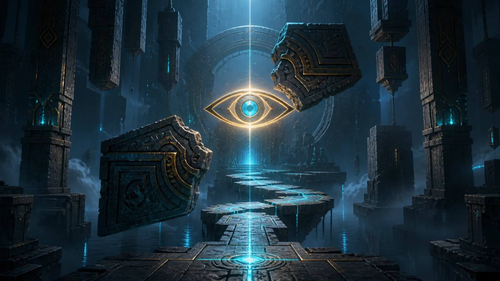 Original impossible-perspective stone chamber where two floating fragments align into one luminous eye and reveal a cyan path