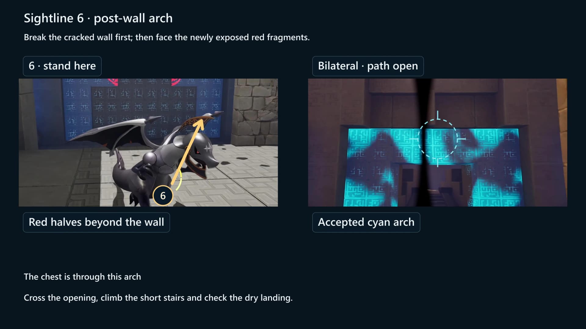 Sightline 7 comparison from the west-edge alcove to the accepted cyan route back east toward chest 2