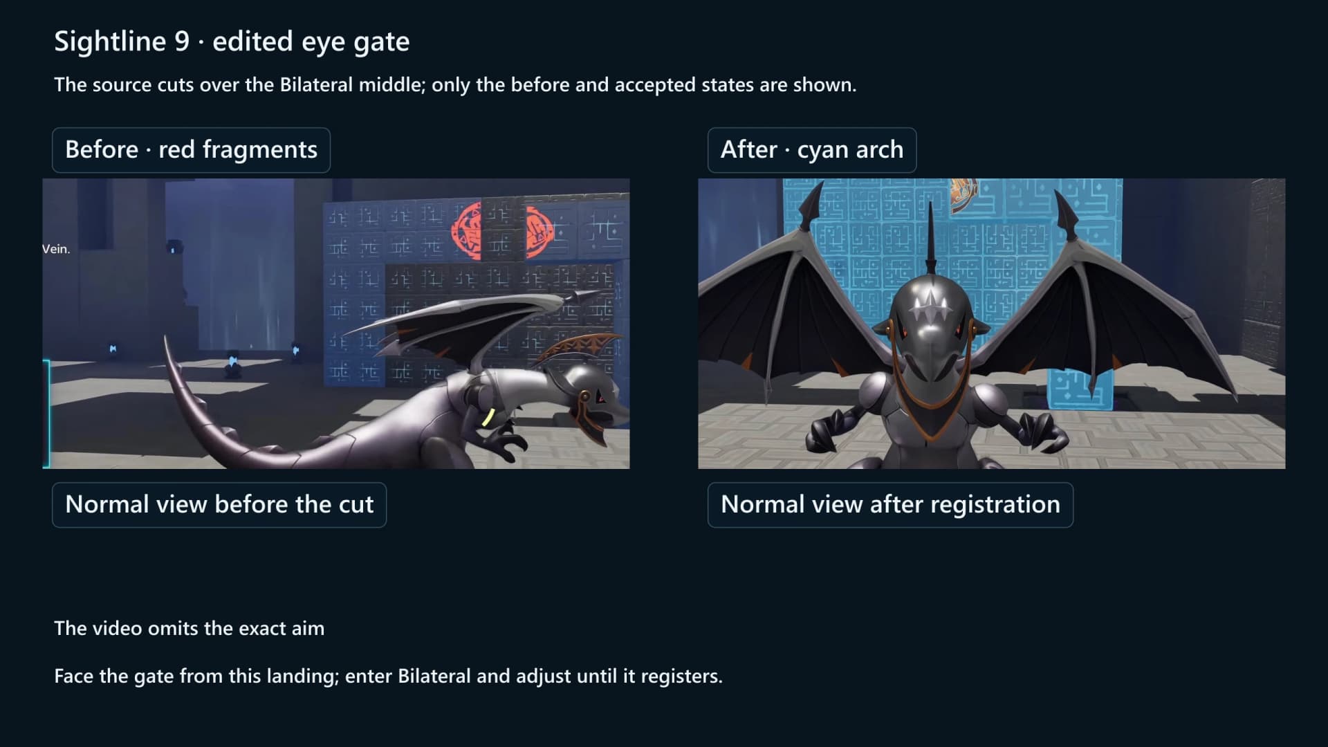 Sightline 10 comparison showing the red eye fragments before alignment and the cyan accepted gate after registration