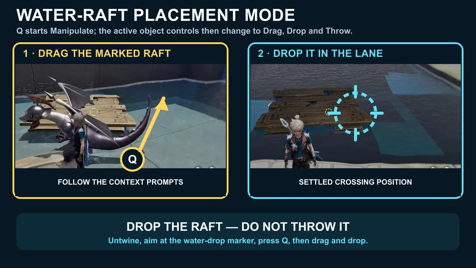 Two-panel guide showing the marked wooden raft selected for Pathfinder manipulation and settled in the crossing lane