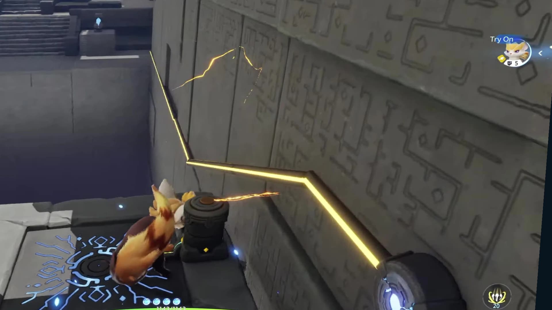 Bolty beside the final short cylindrical conductor while the fixed wall feed glows gold