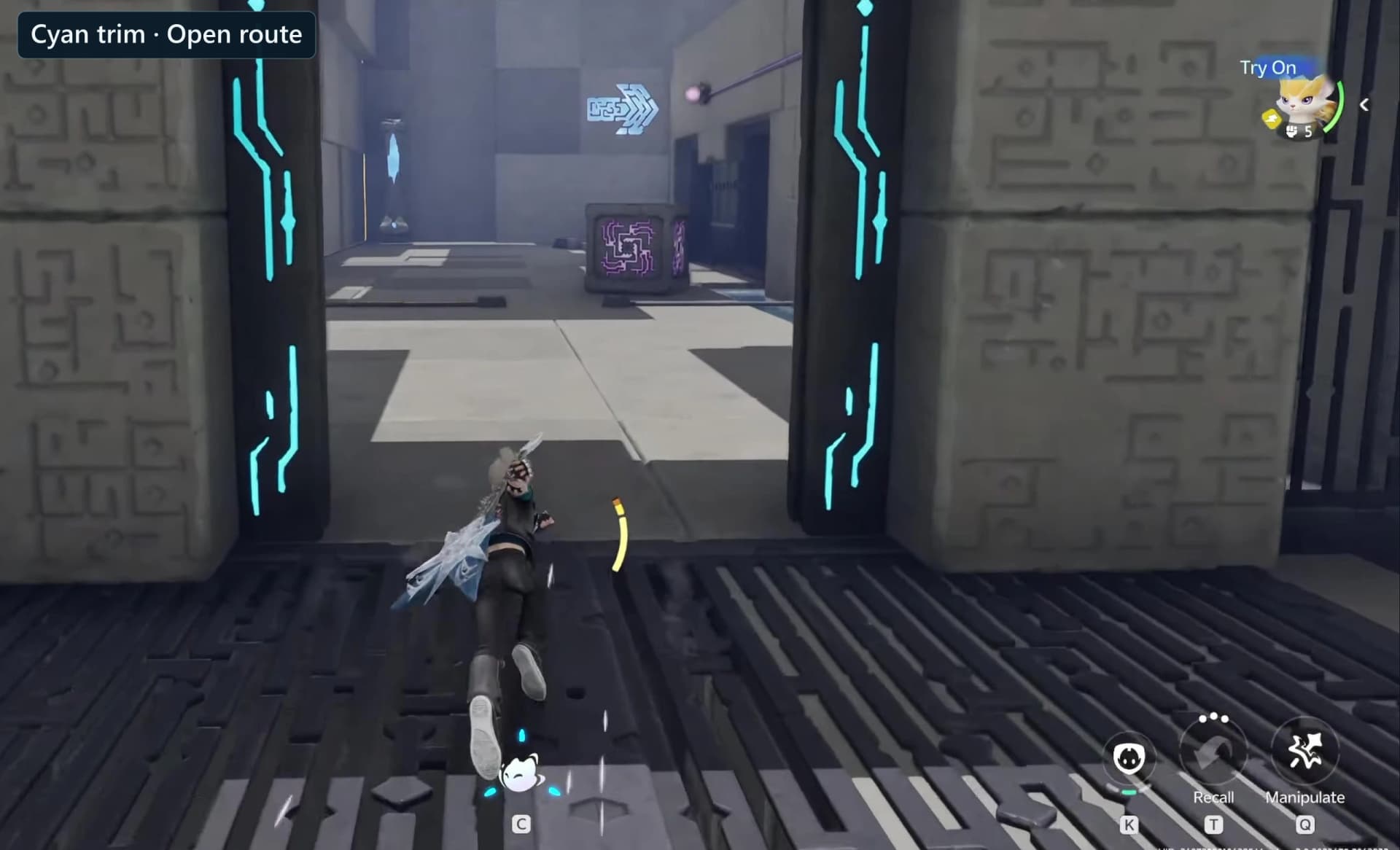 Electric Flow circuit after activation with a cyan-trimmed doorway and maze-faced cube