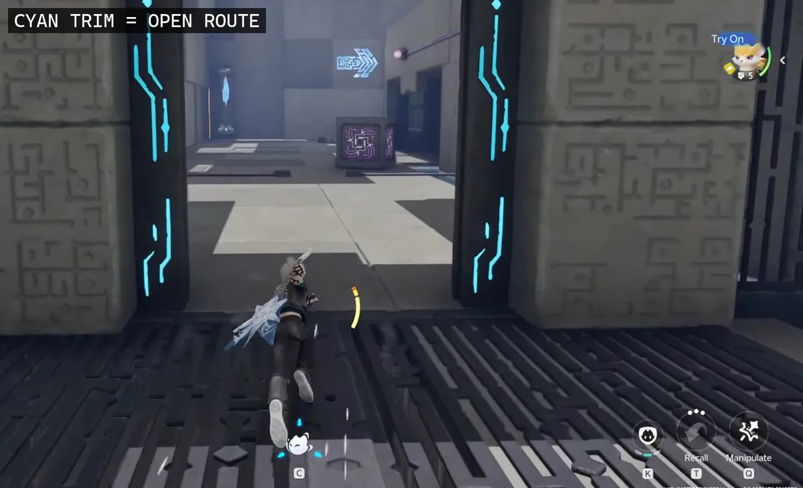 Electric Surge circuit after activation with a cyan-trimmed doorway and maze-faced cube