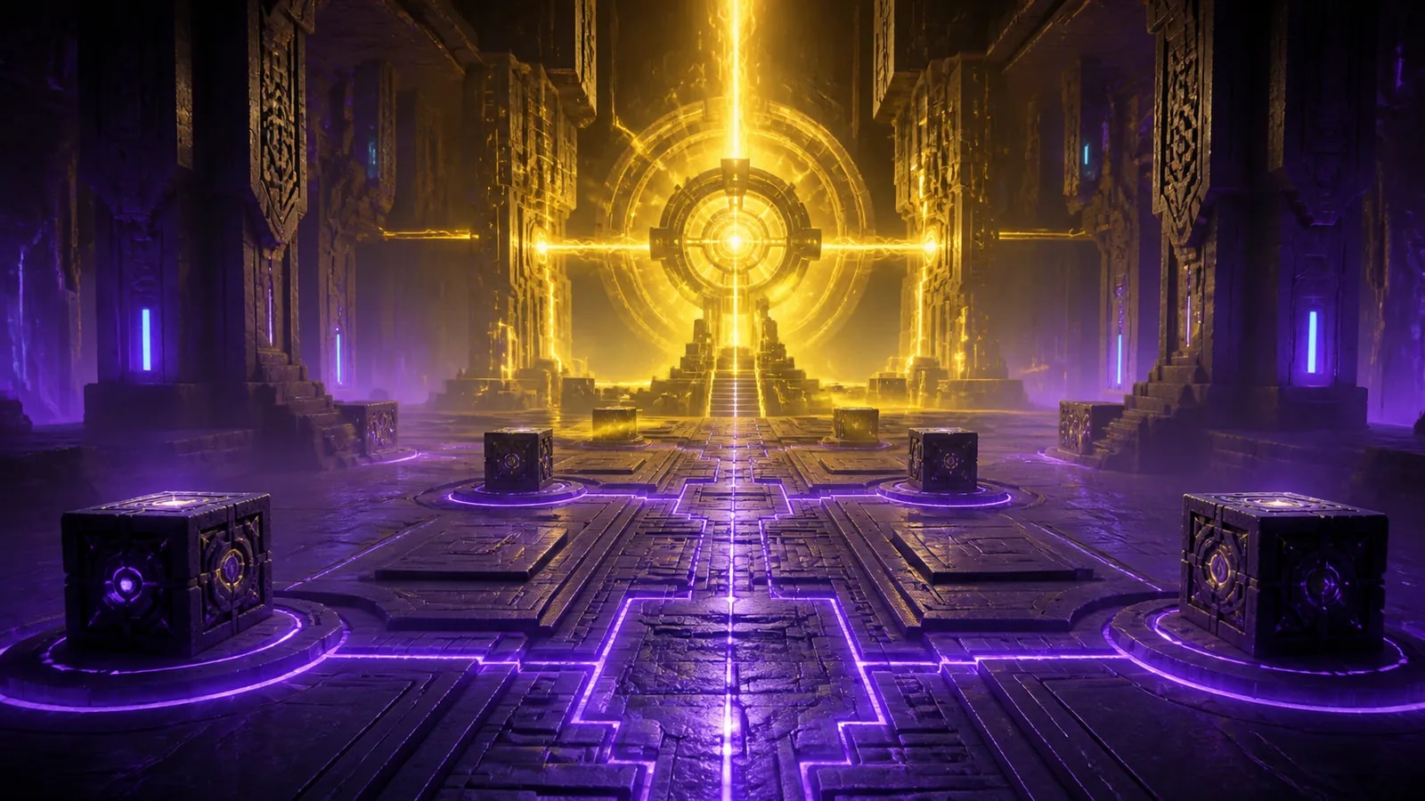 Ancient stone circuit hall with violet paths feeding a bright gold electrical mechanism