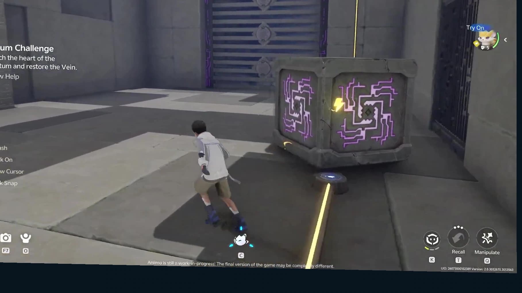 Large maze-faced cube seated over the later blue node beside an open cyan-trimmed doorway