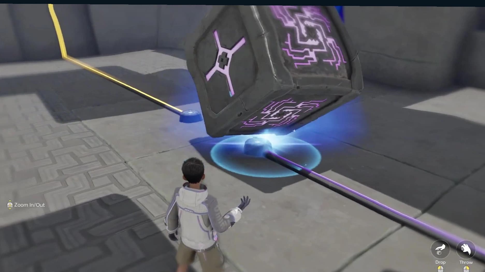 Maze-faced cube held directly over the opening blue floor node