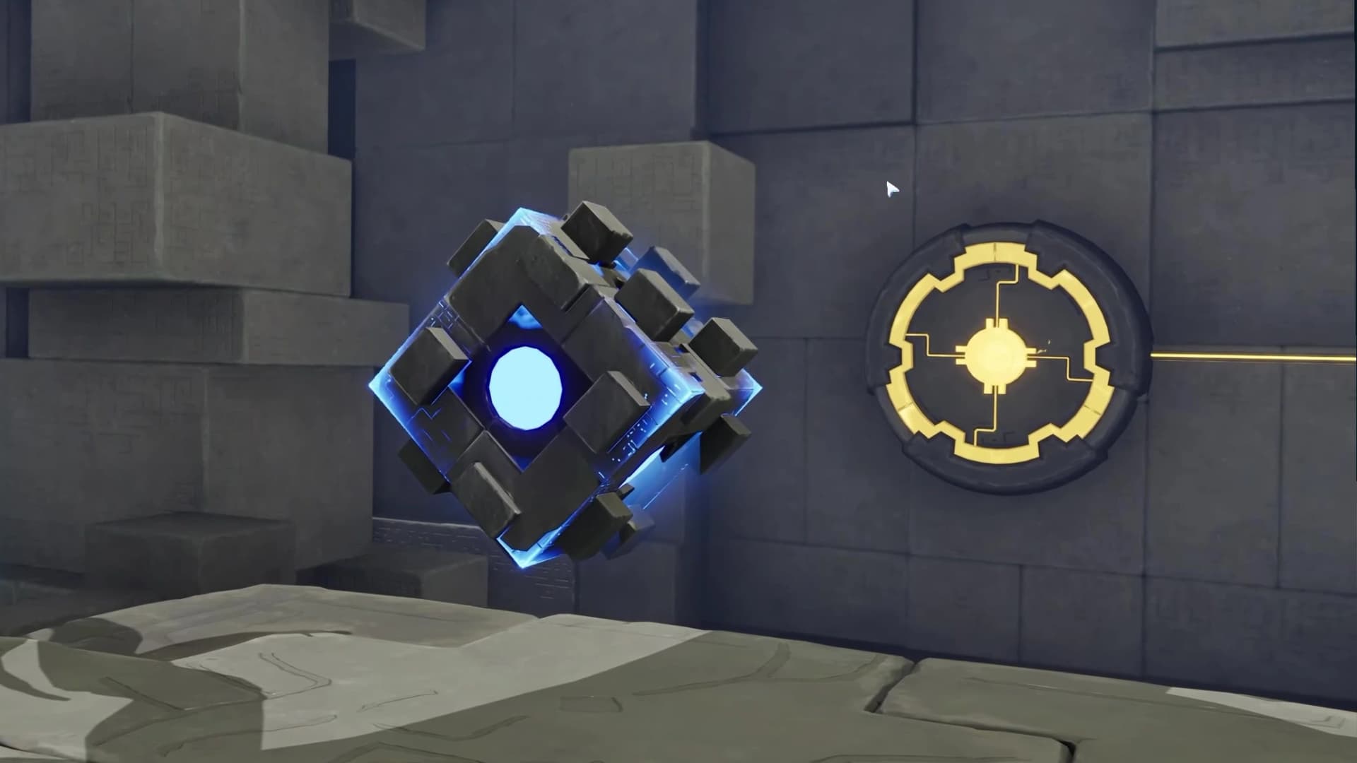 Suspended square Sanctum Terminus glowing blue beside the completed gold wall circuit