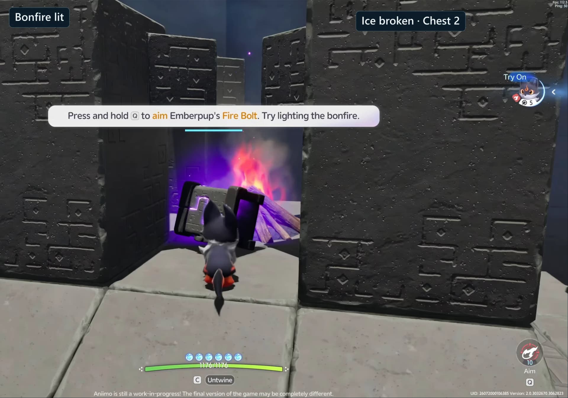 Emberpup beside the lit bonfire after the ice around chest 2 has melted