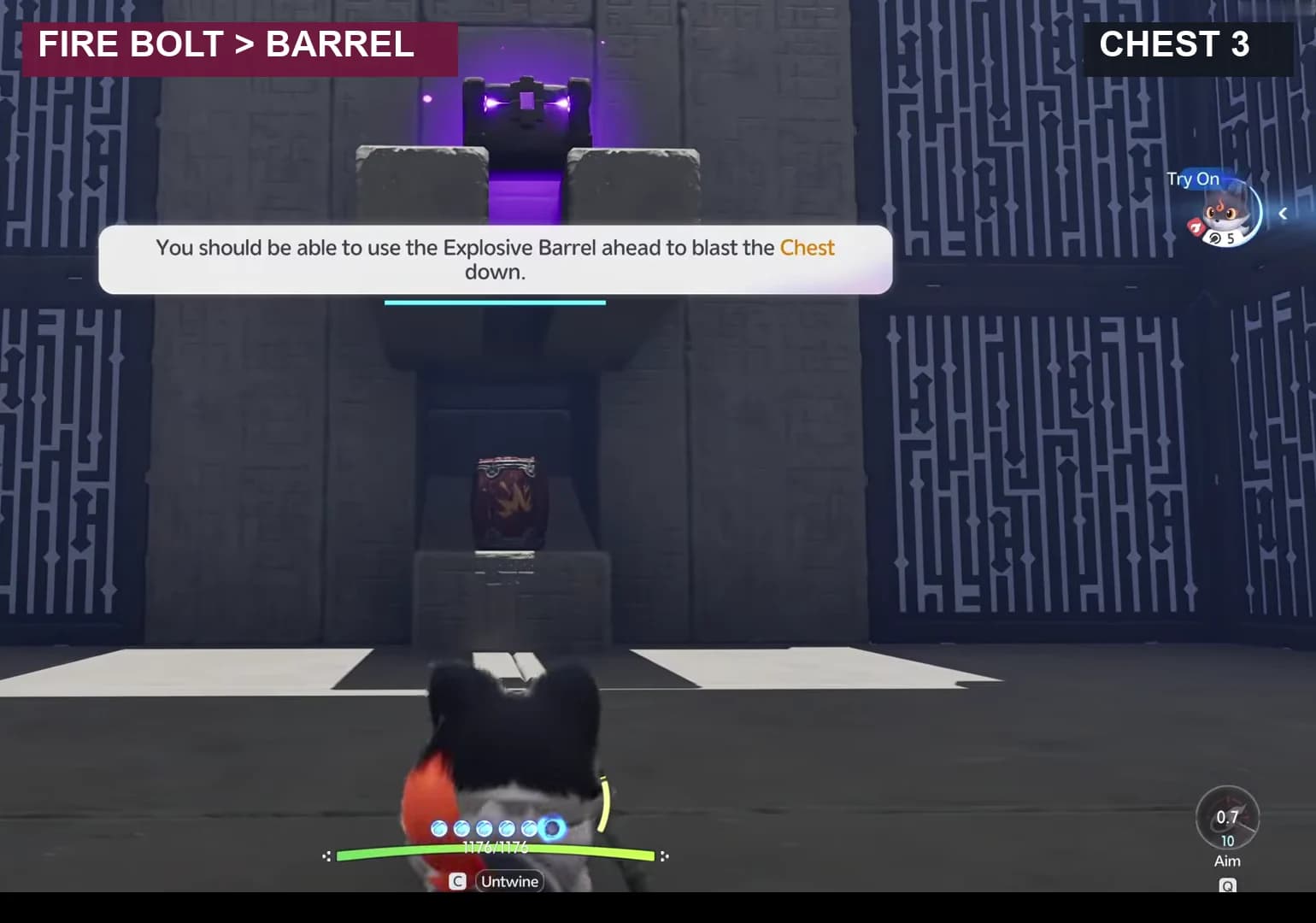 Elevated third chest with the explosive barrel target directly below it