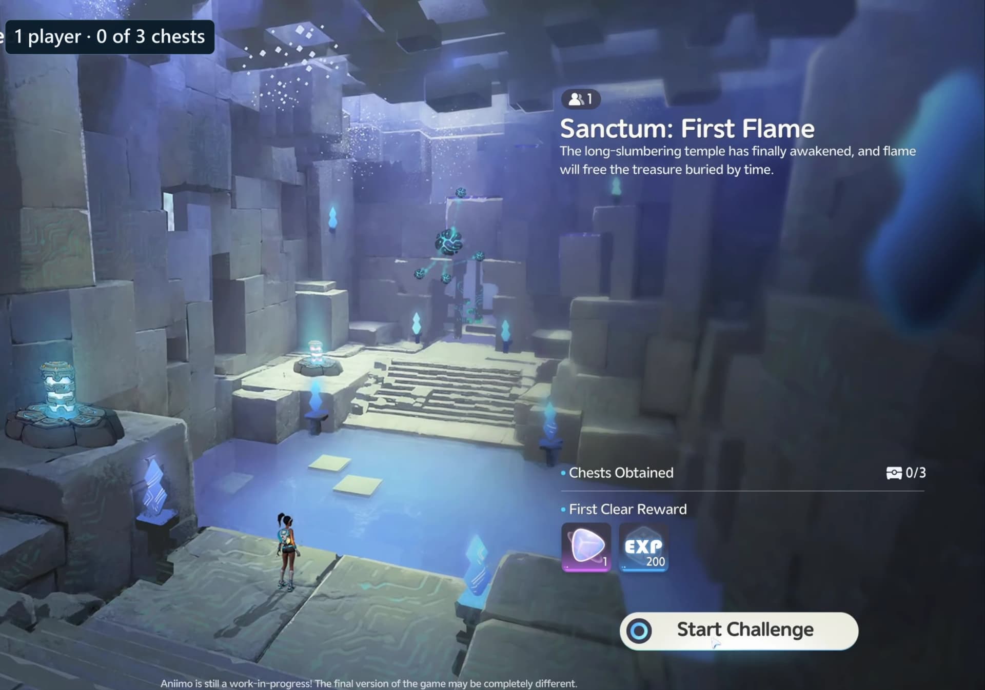 First Spark entrance card showing the one-player requirement, the optional chest counter and the first-clear reward slot