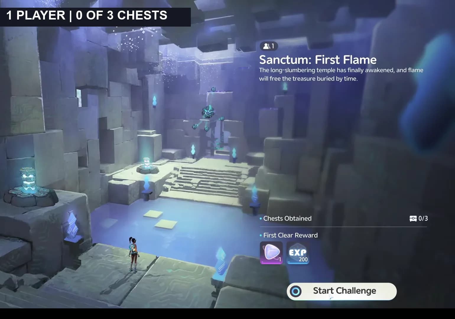 First Flame entrance card showing one required player and zero of three optional chests collected