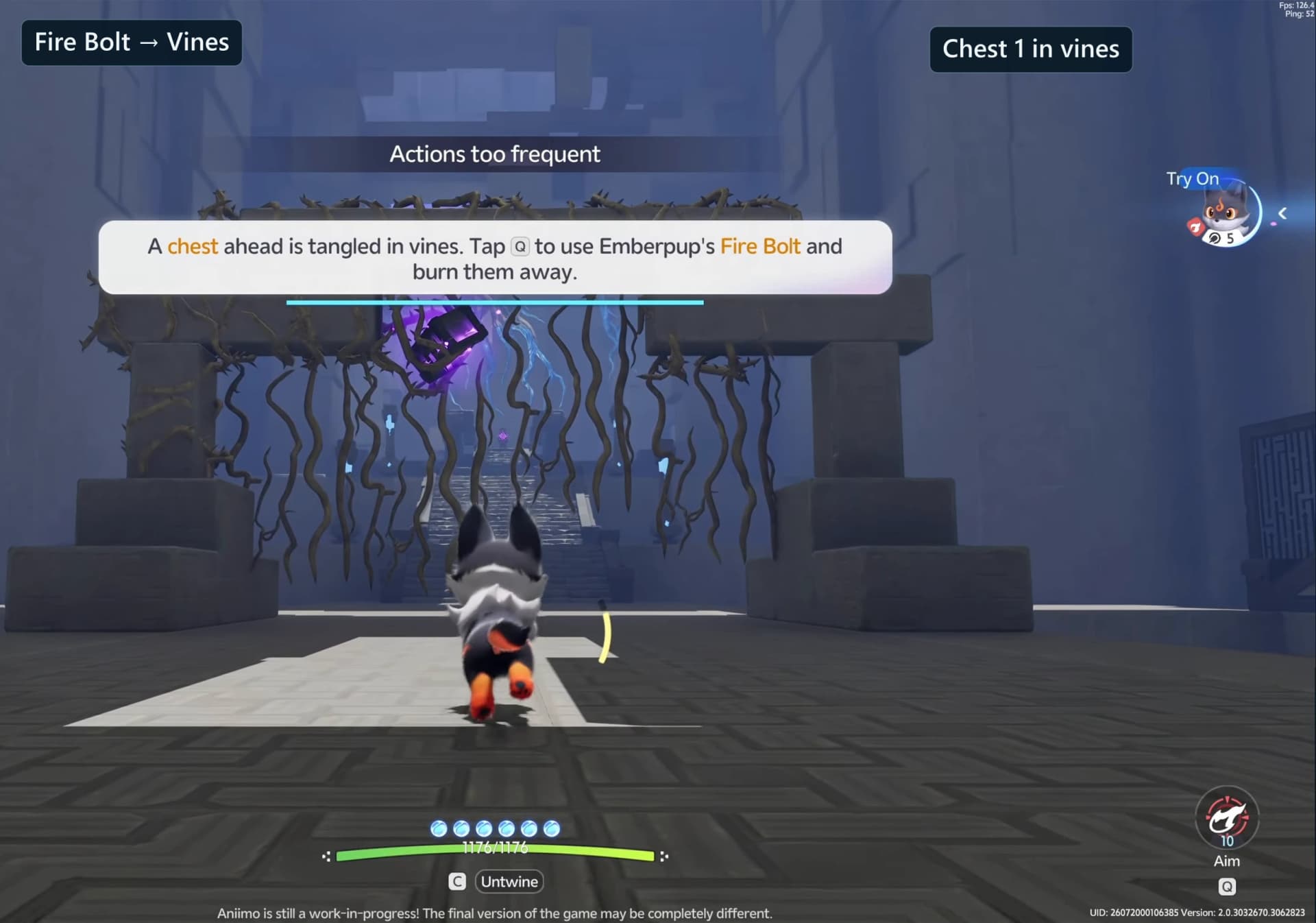 Emberpup aiming Fire Bolt at the vines holding chest 1 above the gate