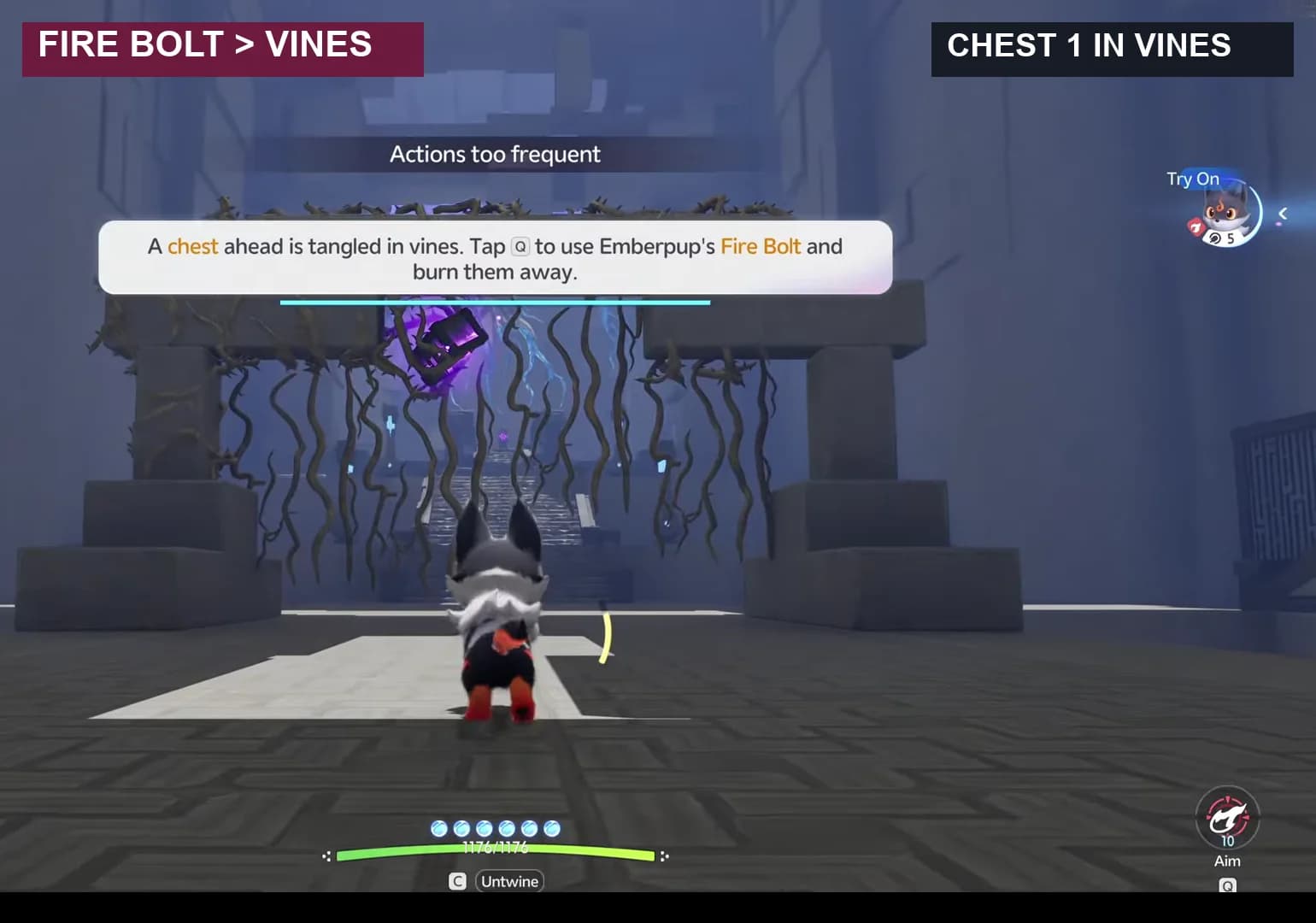Emberpup aiming Fire Bolt at the vines holding chest 1 above the gate