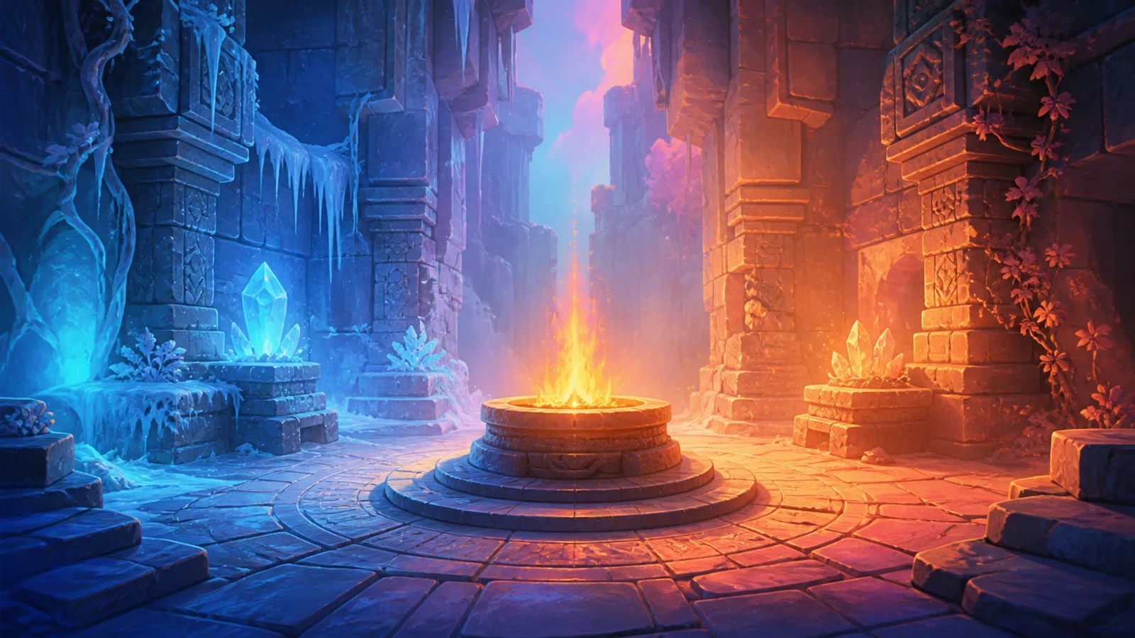 Ancient stone chamber changing from frozen blue light to warm firelight around a newly lit brazier