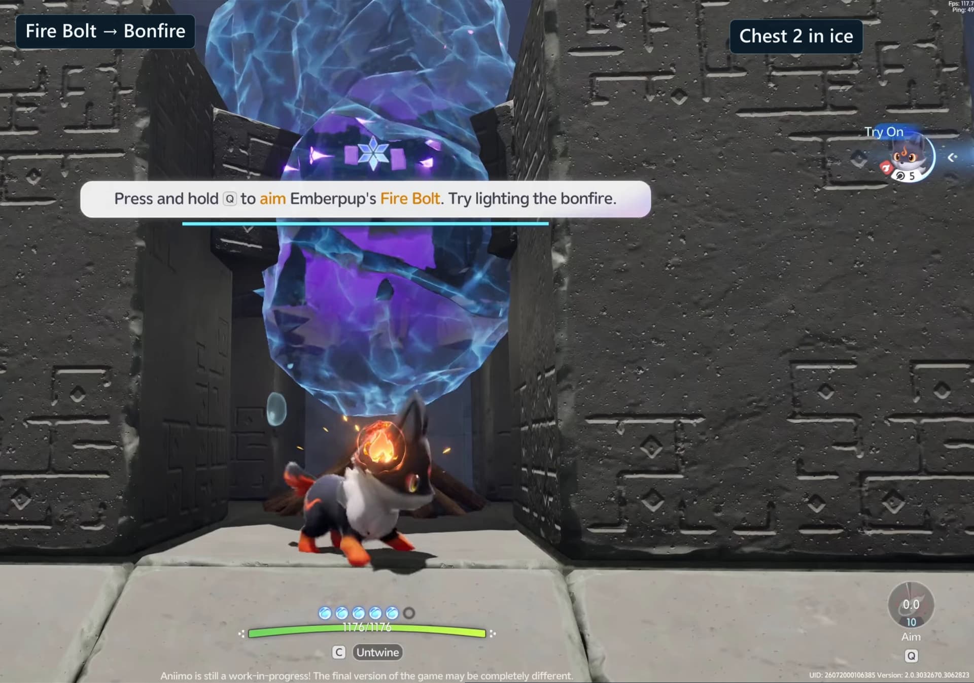 Emberpup facing chest 2 while it is still enclosed in ice