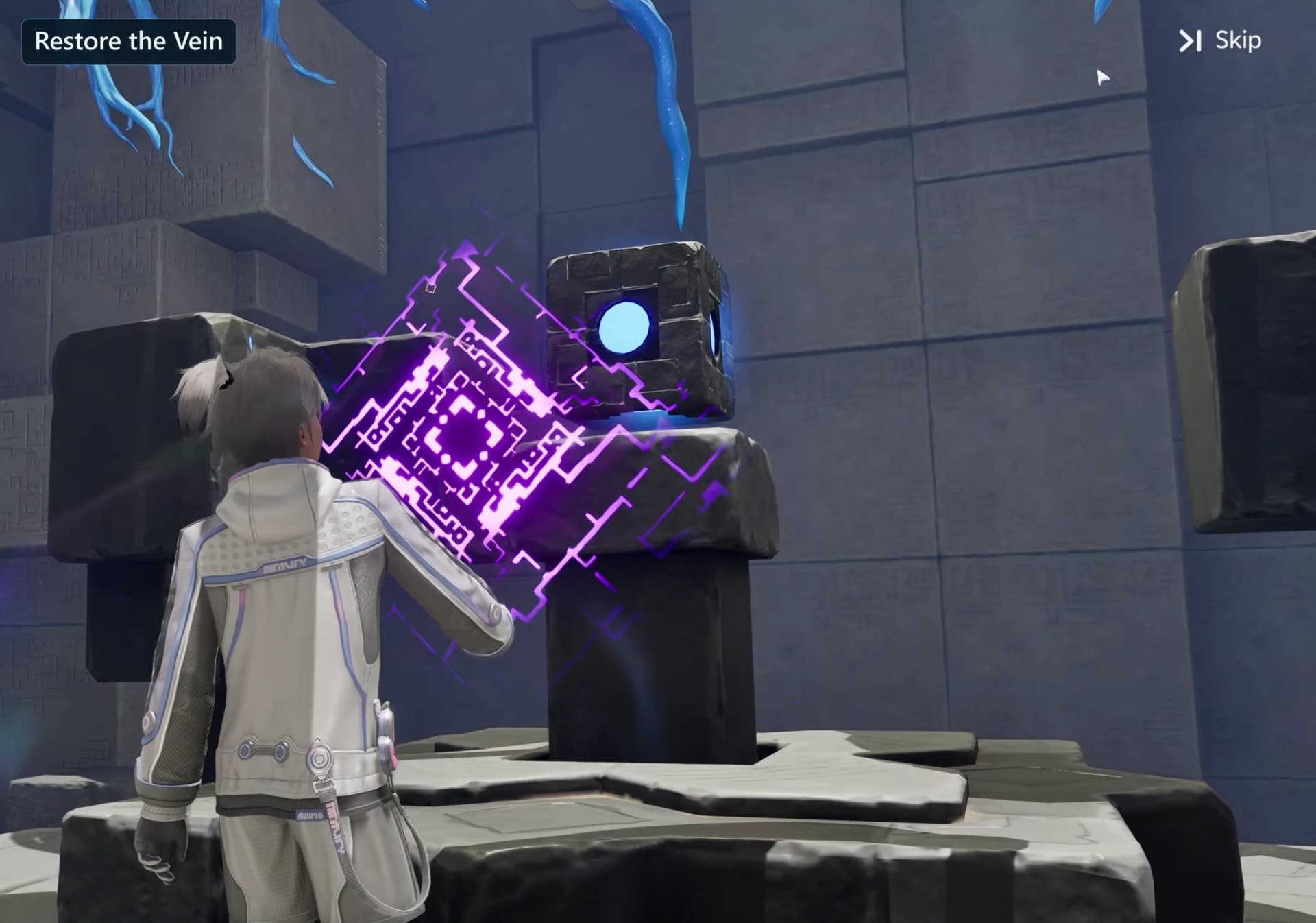 Pathfinder interacting with the final glowing Sanctum Terminus to restore the Vein