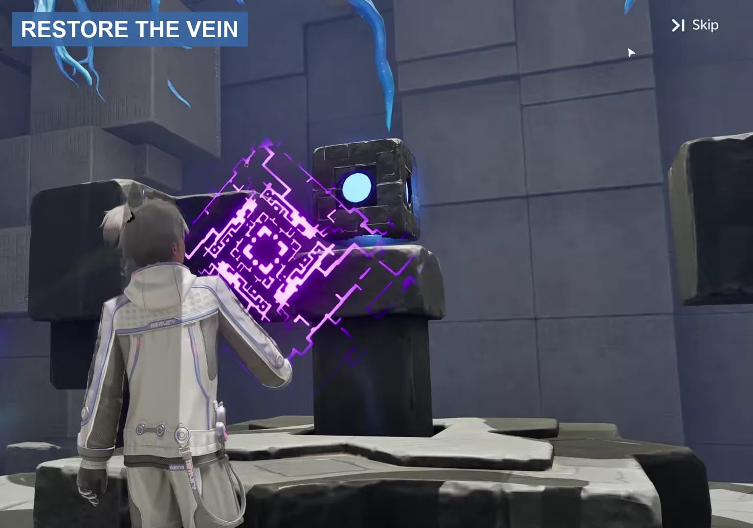 Pathfinder interacting with the final glowing Sanctum Terminus to restore the Vein
