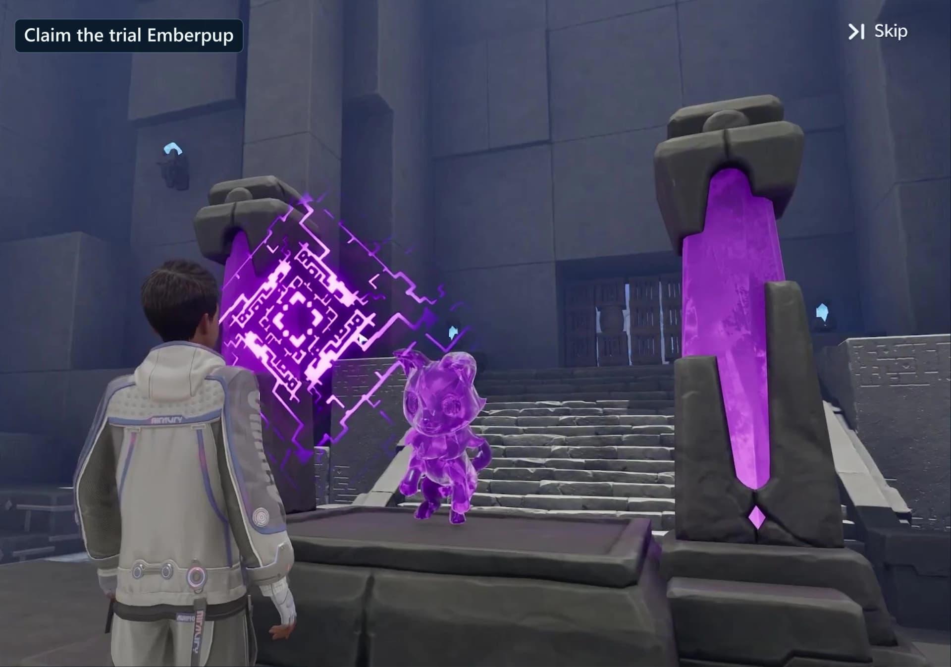 Pathfinder facing the trial Emberpup beside the opening Aniimo Statue