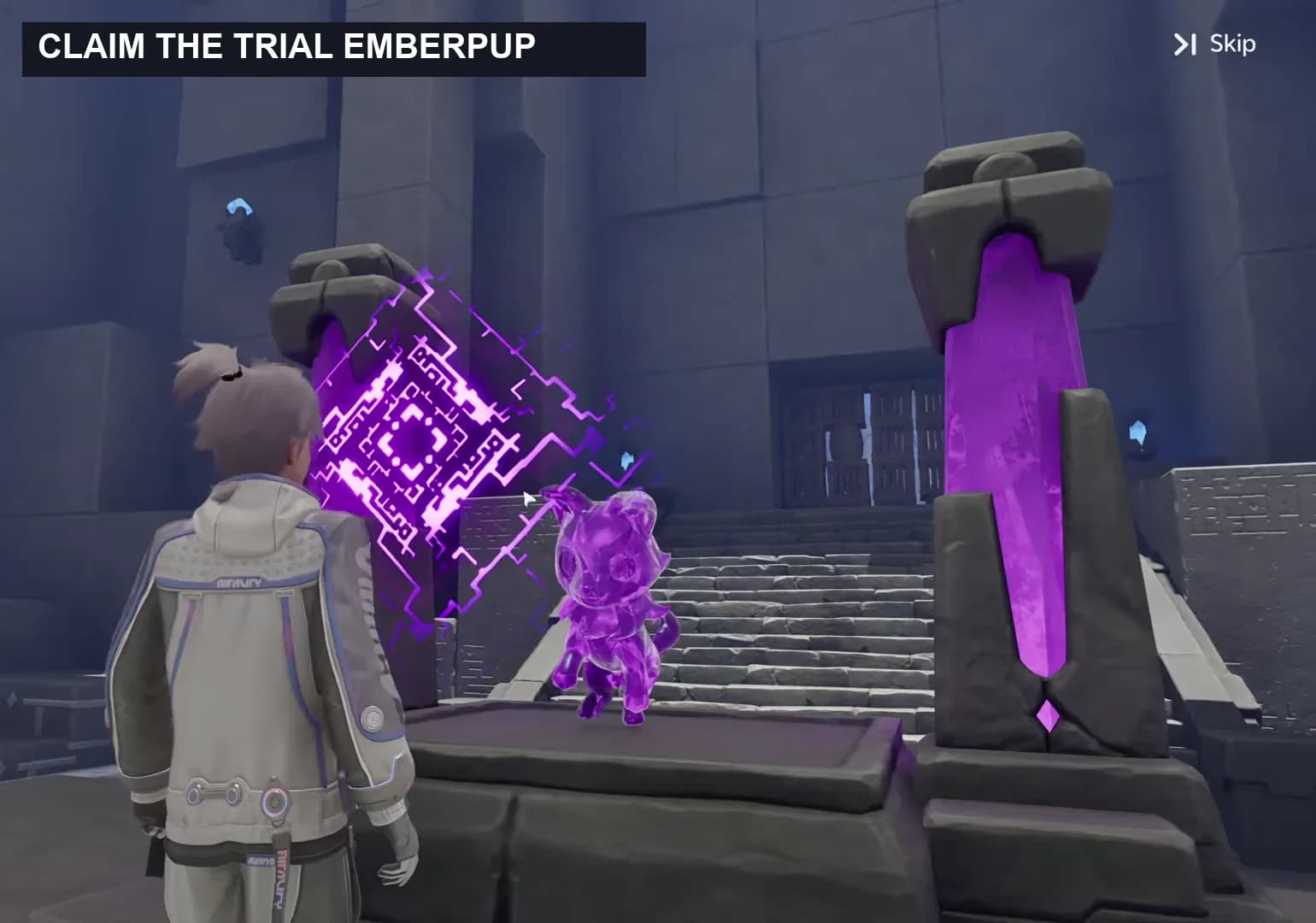 Pathfinder facing the trial Emberpup beside the opening Aniimo Statue