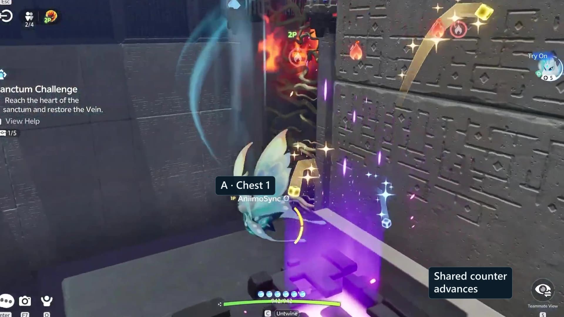 Blue Player A as Gracewing opening a chest tucked into a recess off the walking line