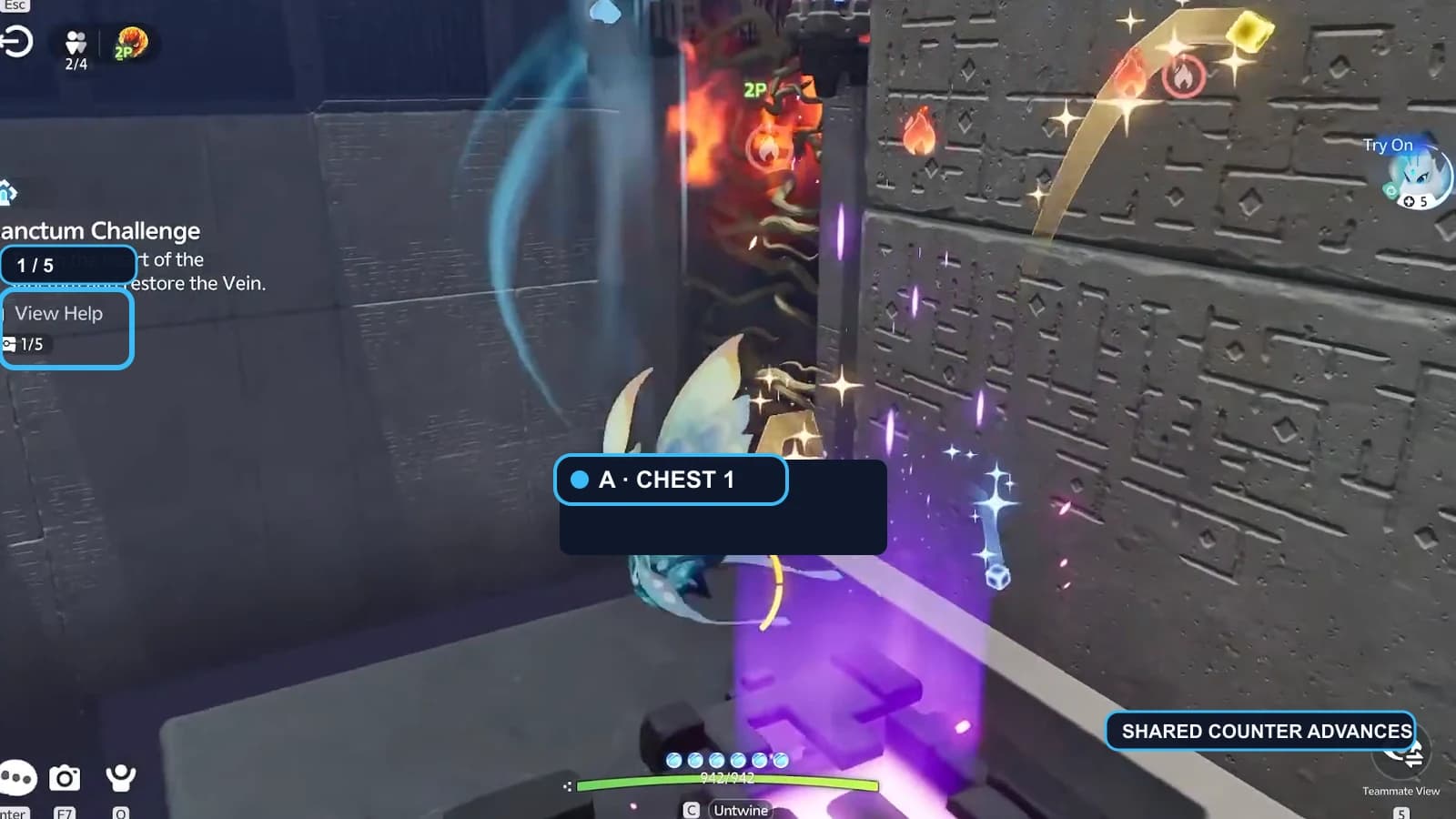 Blue Player A as Gracewing opening the isolated purple first chest as the counter reaches one of five