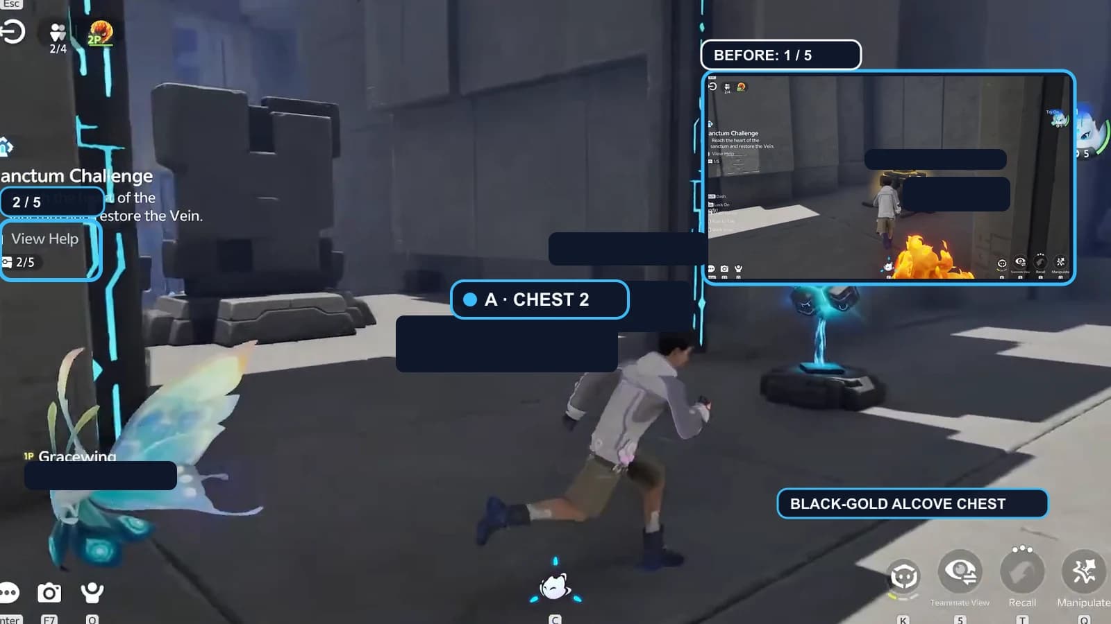 The blue Player A human at the black-gold second chest with the counter reaching two of five