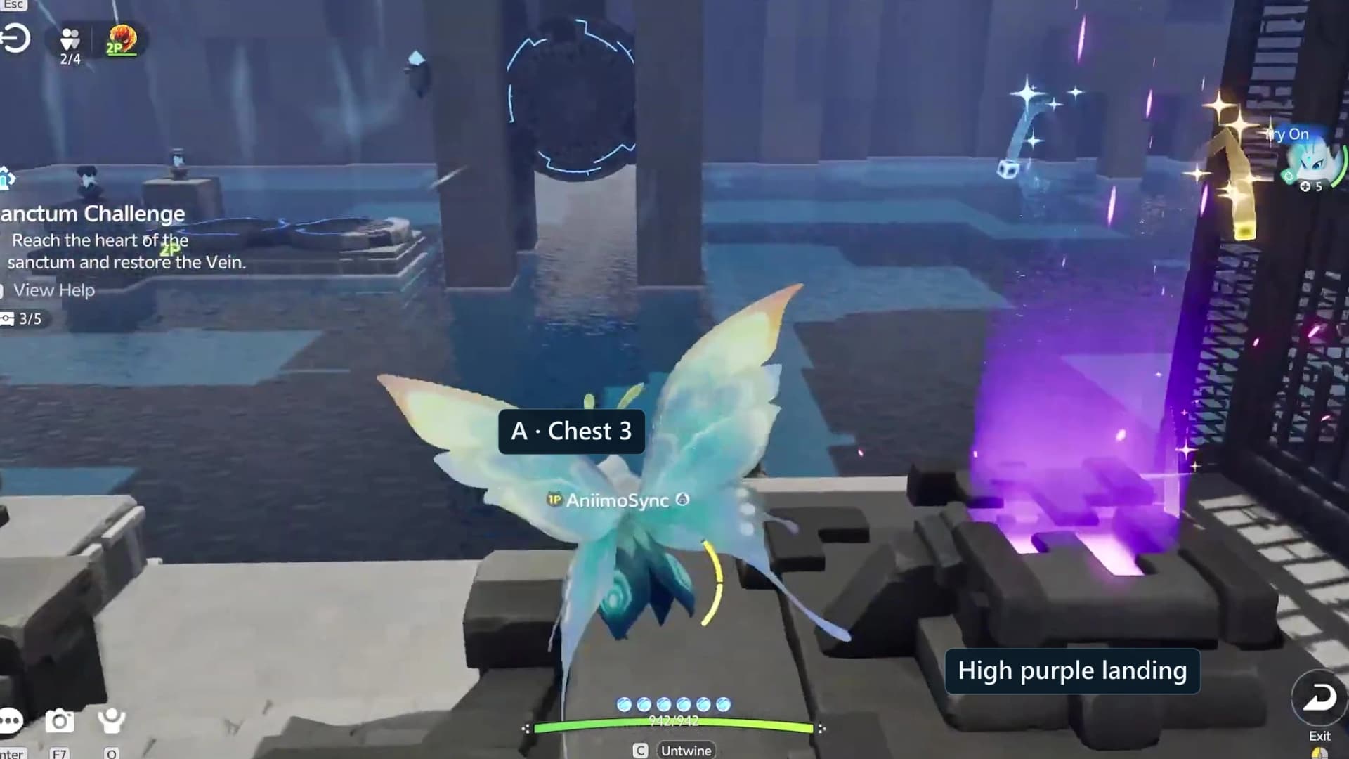 Blue Player A opening a chest on a high arena landing after riding a fan