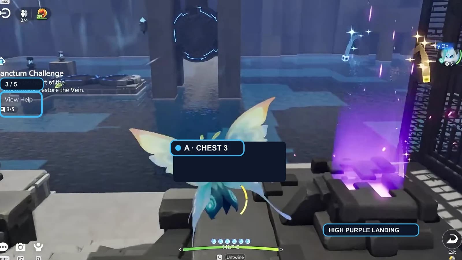 Blue Player A opening the high purple third chest after riding the fan