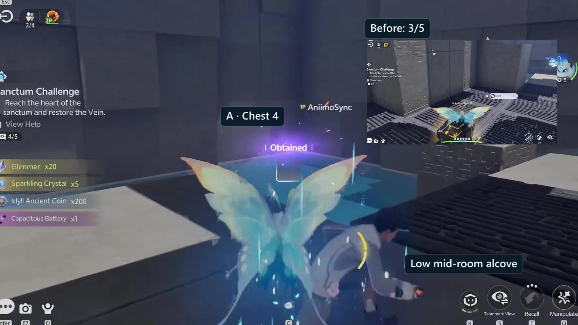 Blue Player A opening a premium chest in a low alcove one level below the causeway