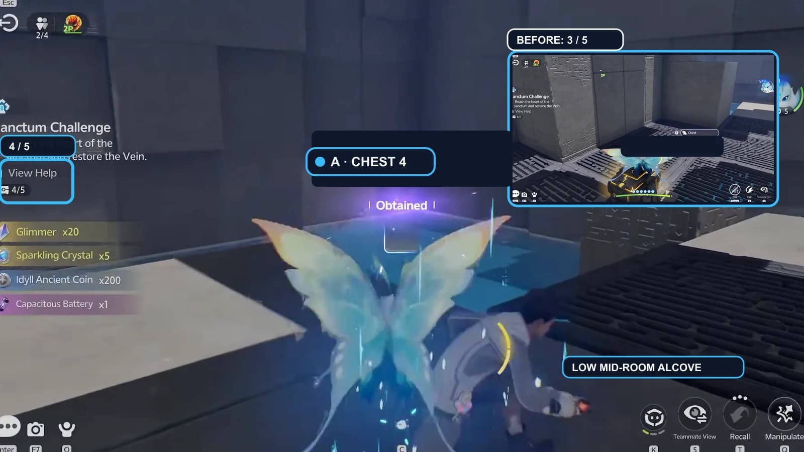 Blue Player A opening the black-gold fourth chest in the low mid-room alcove and reaching four of five