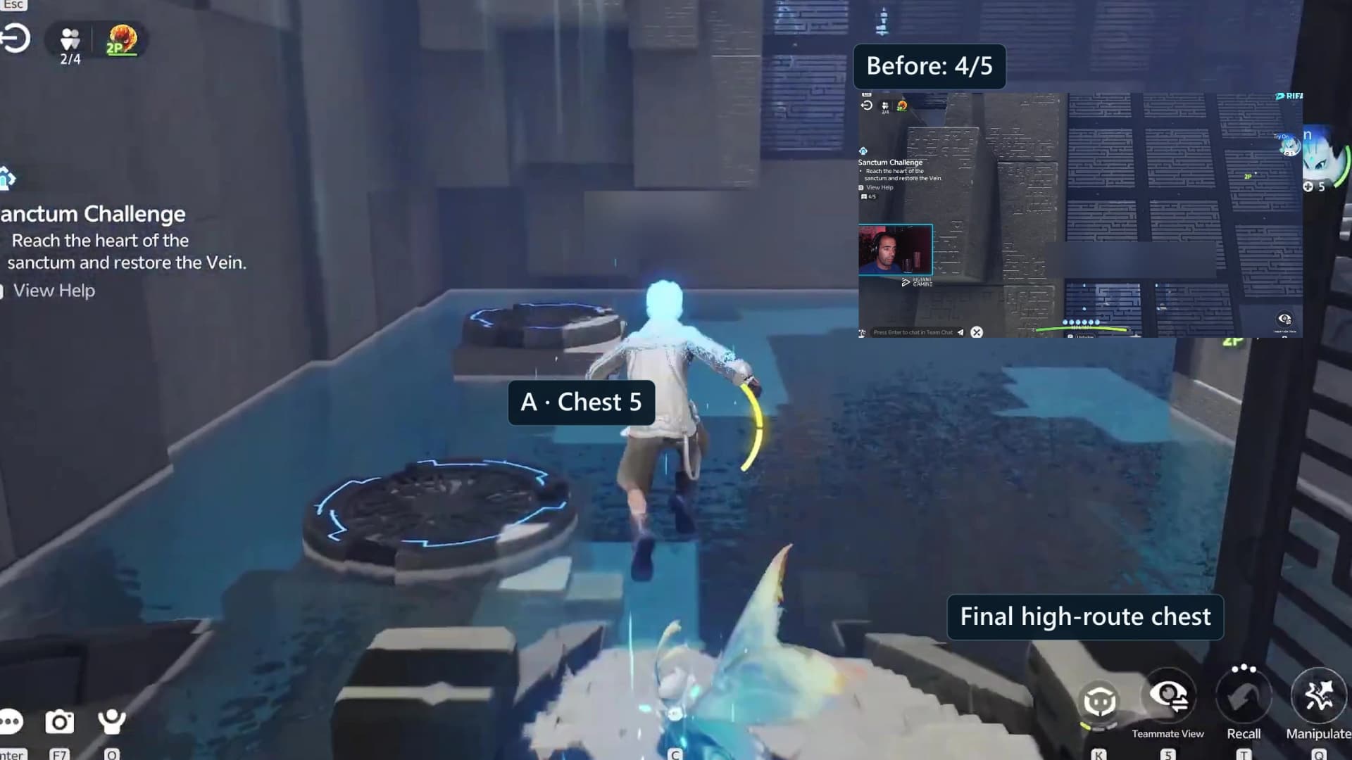 Blue Player A opening the last premium chest at the low west end of the top shelf
