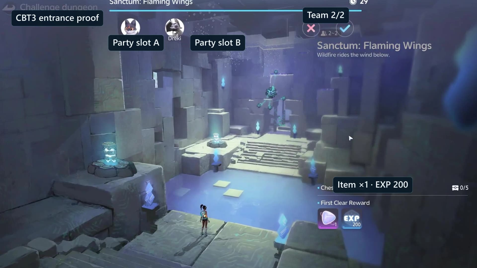 Blazing Wings entrance card showing the two-player requirement, zero of five chests and the first-clear panel
