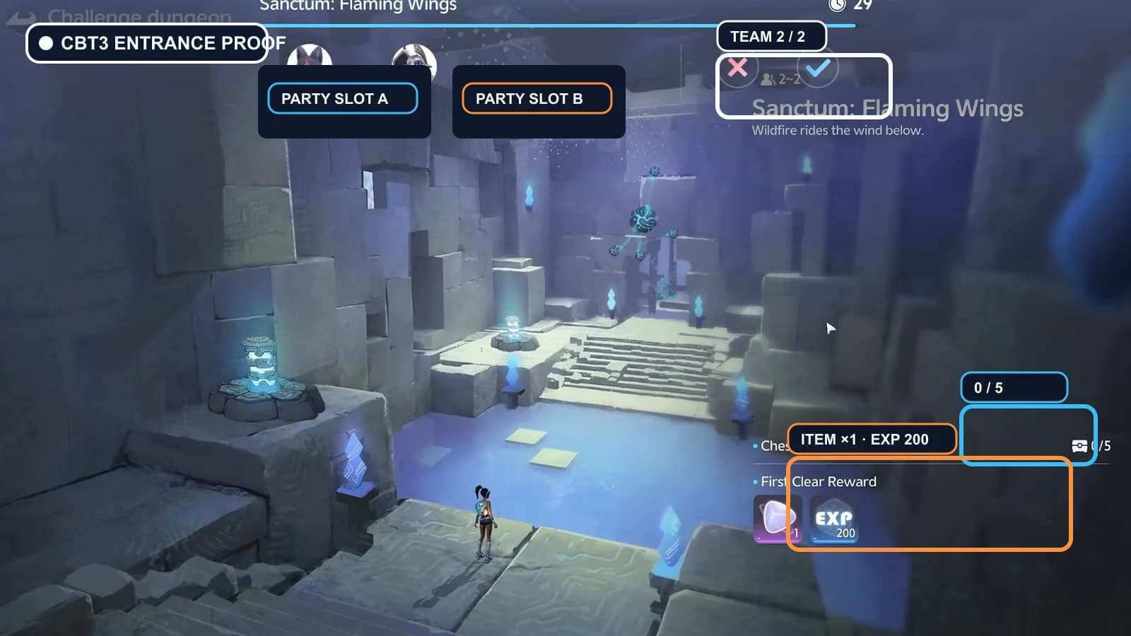 Flaming Wings entrance card showing the two-player requirement, zero of five chests and the first-clear panel