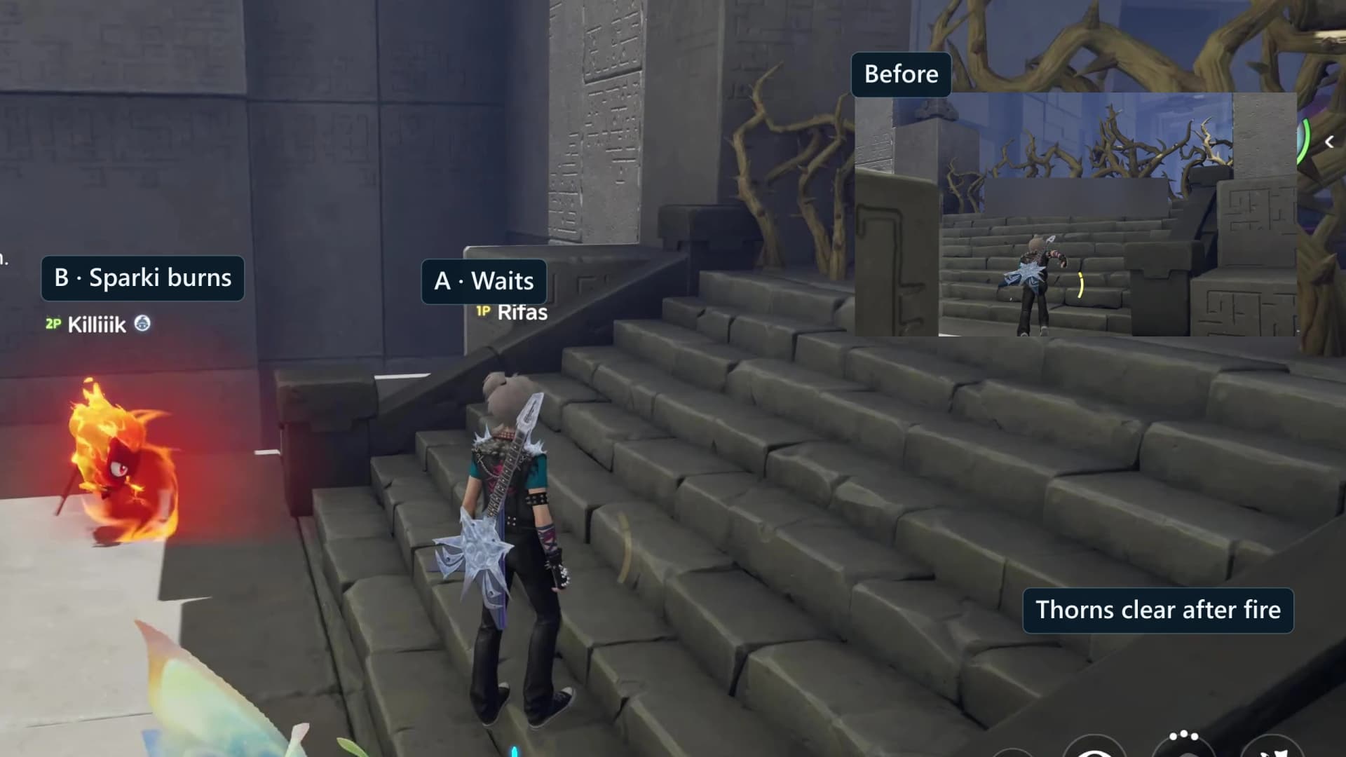 Orange Player B using Sparki fire on the first thorn barrier while blue Player A waits