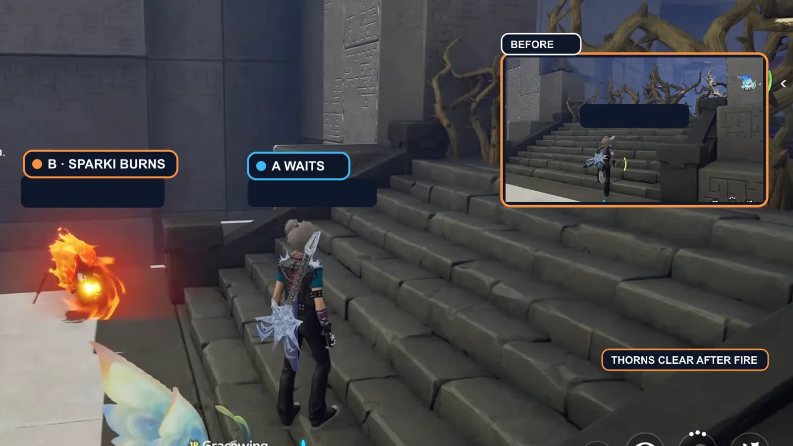 Orange Player B using Sparki fire on the first thorn barrier while blue Player A waits