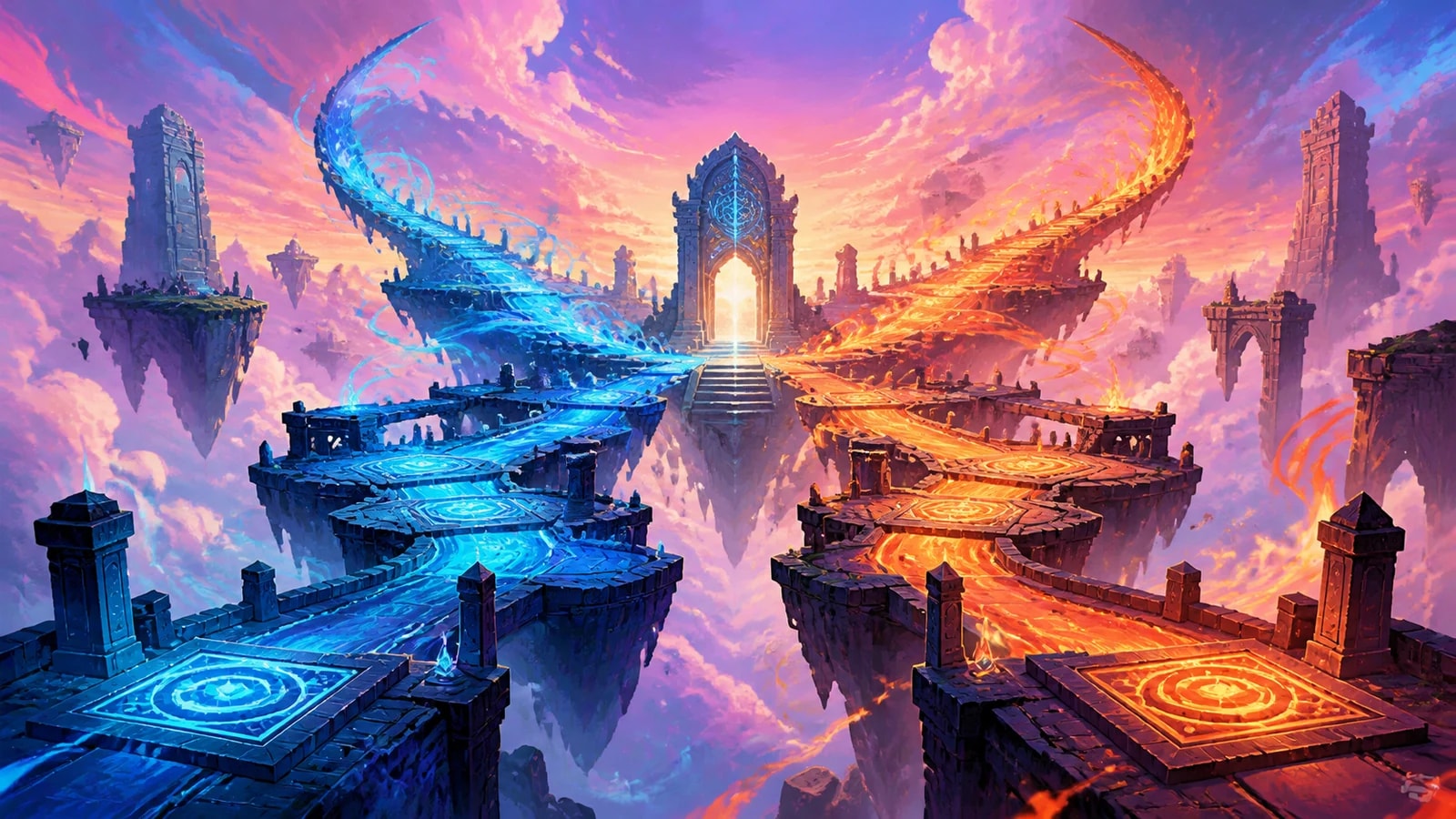 Original fantasy illustration of blue and orange wing-shaped puzzle routes converging on a luminous ancient gate