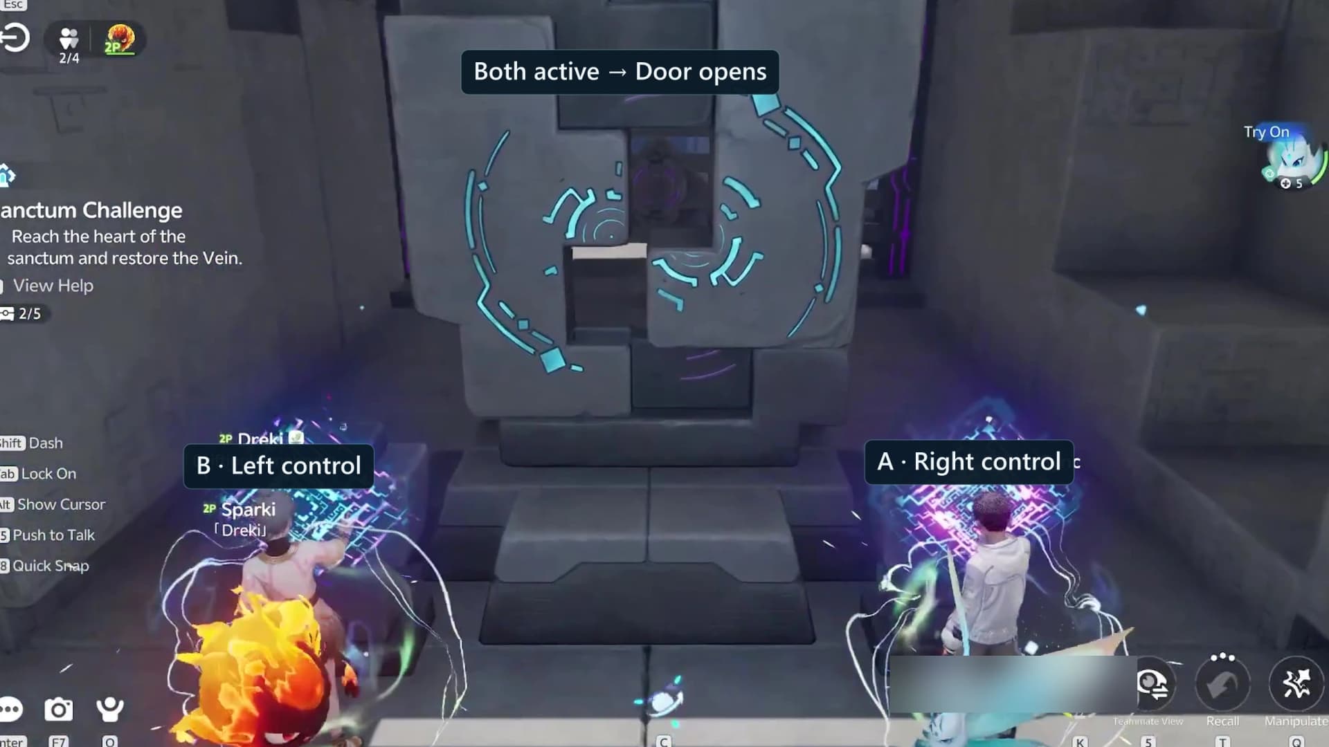 Arena door with blue Player A and orange Player B at the two purple handprint panels